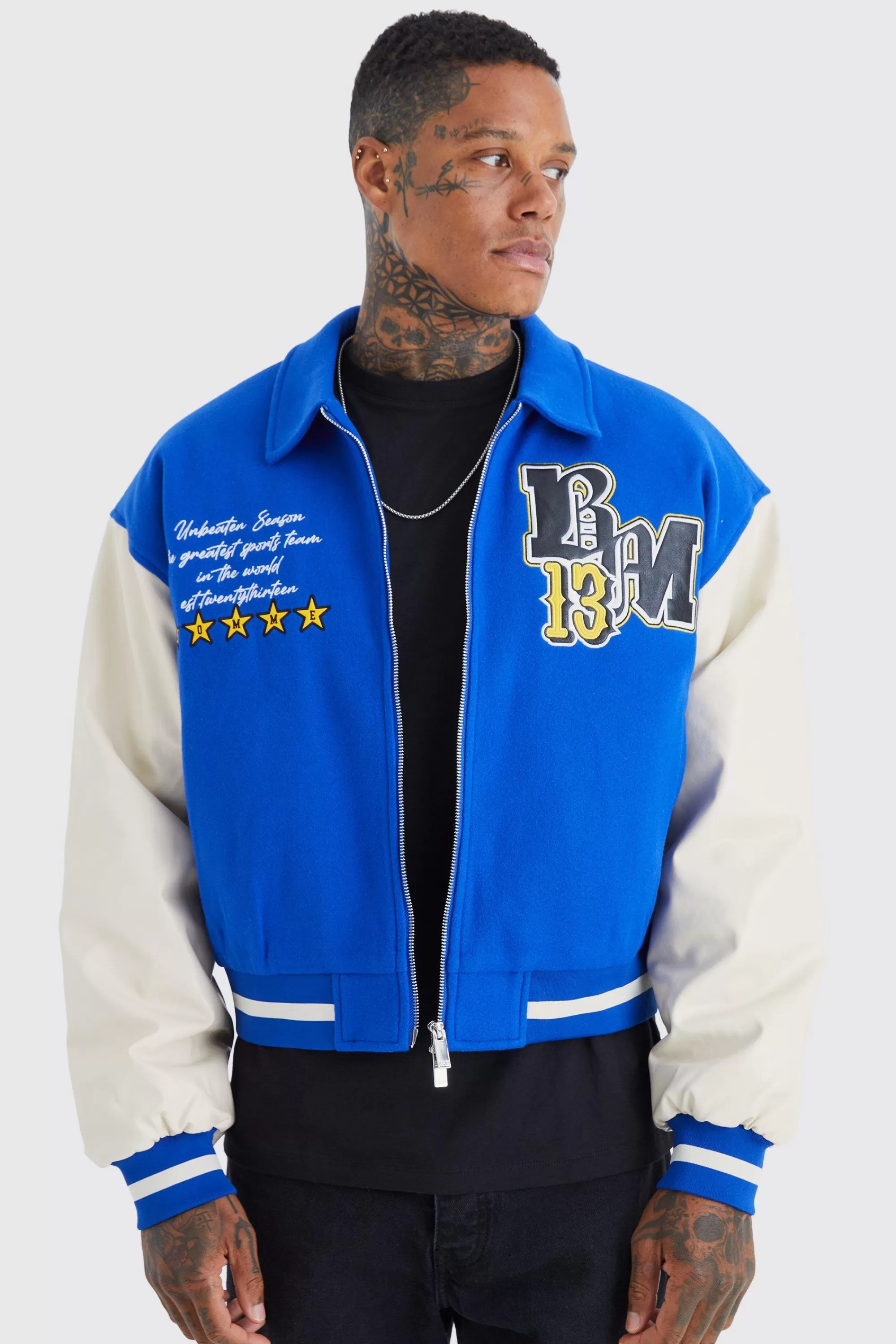 boohooMAN Boxy Melton & Pu Collared Varsity Jacket | UK