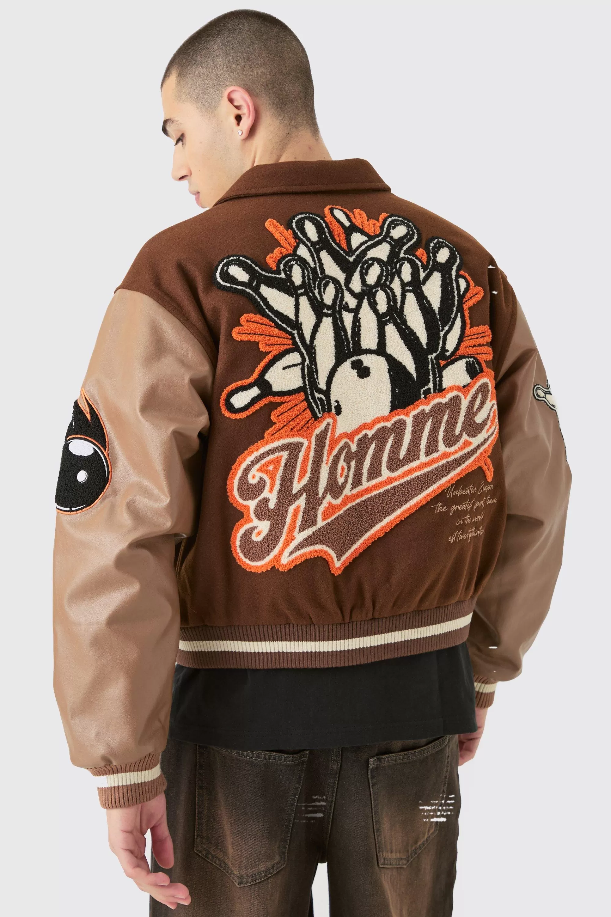 boohooMAN Boxy Melton & Pu Collared Varsity Jacket | UK