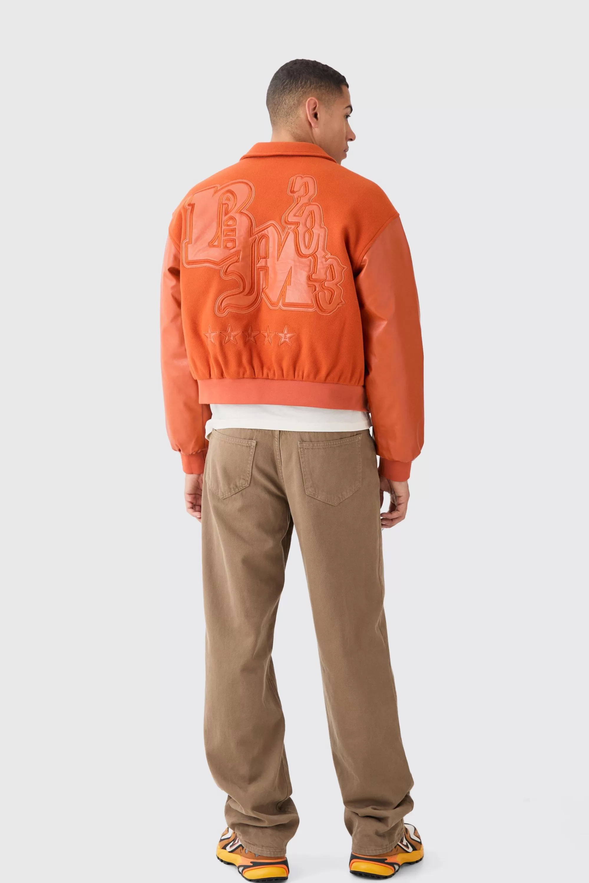 boohooMAN Boxy Melton & Pu Collared Varsity Jacket | UK