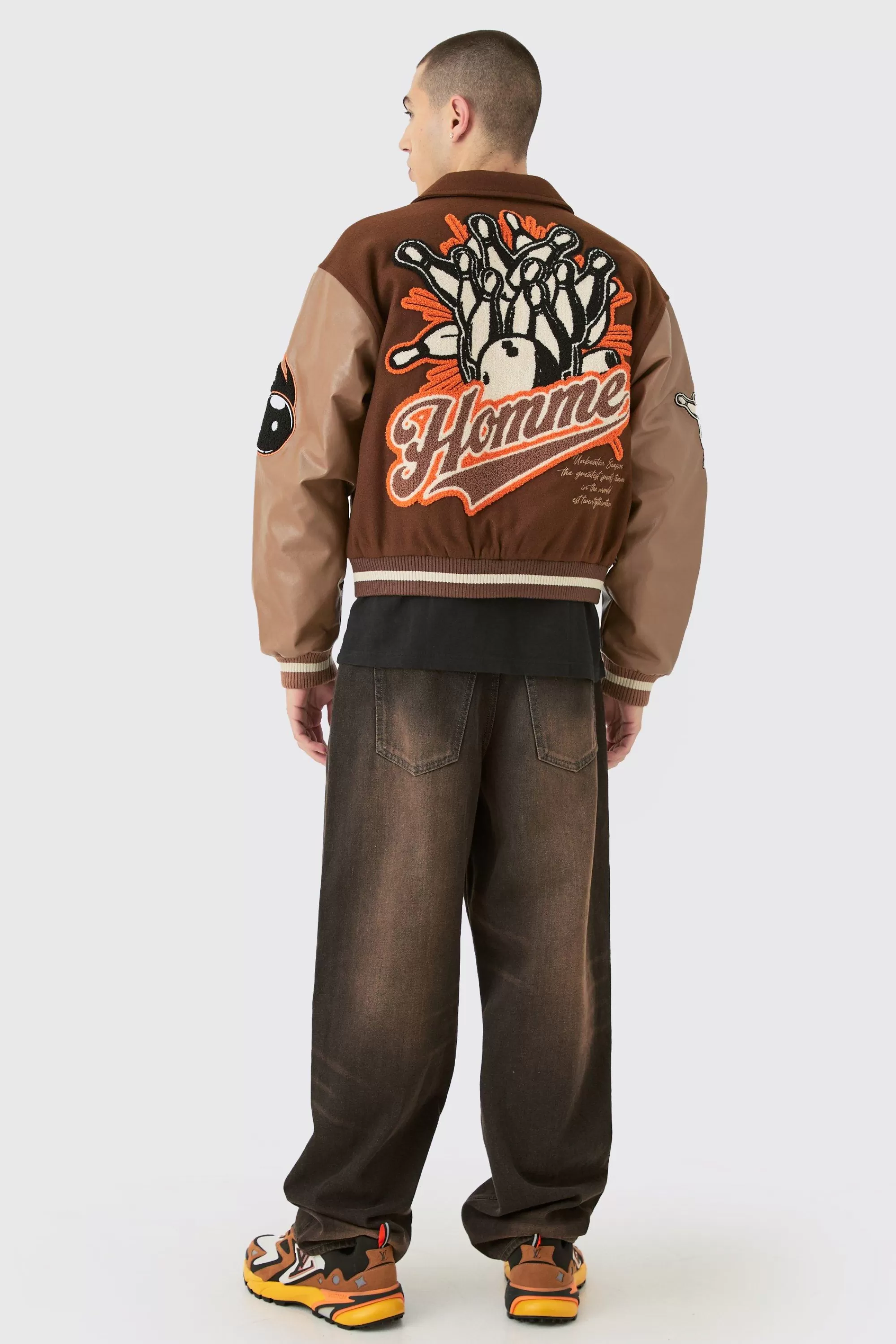 boohooMAN Boxy Melton & Pu Collared Varsity Jacket | UK