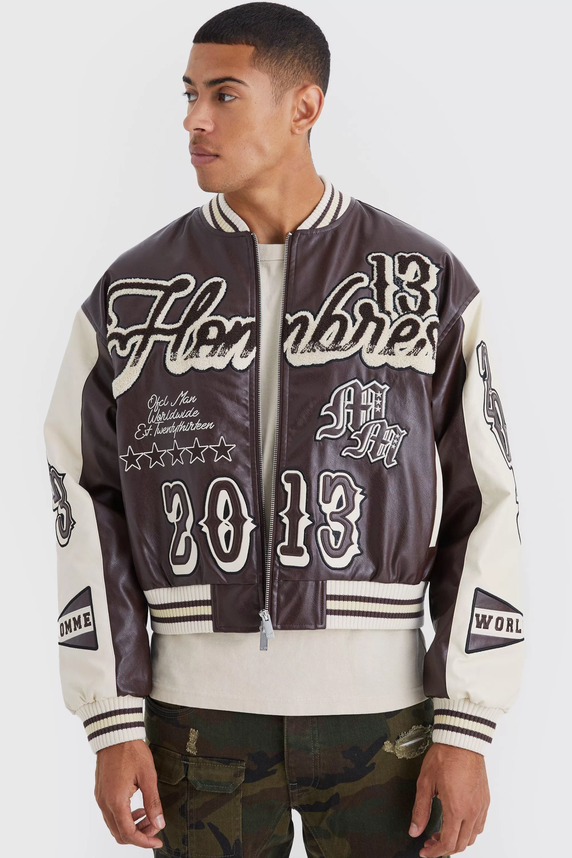 boohooMAN Boxy Melton & Pu Ombre Varsity Jacket | UK