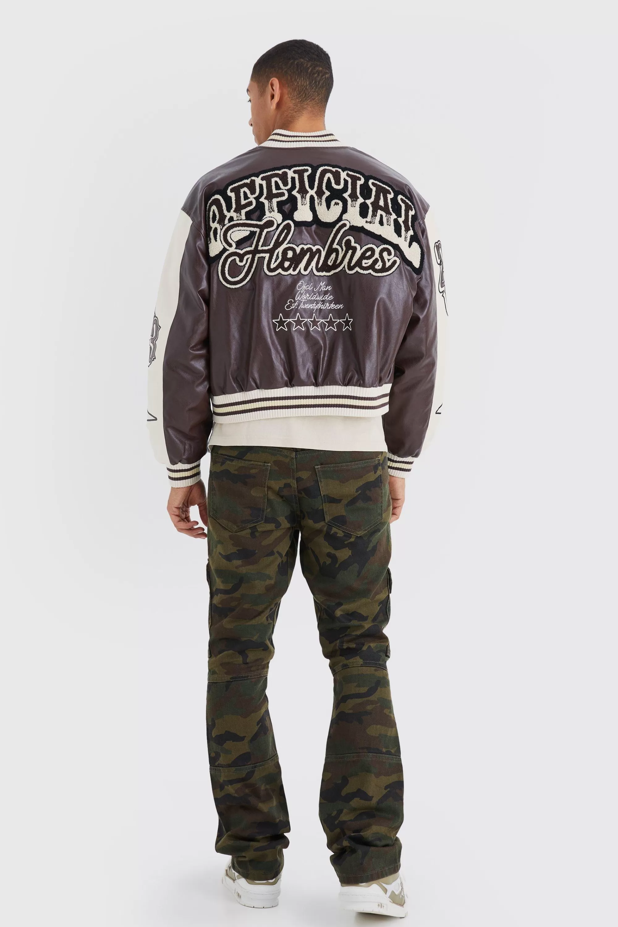 boohooMAN Boxy Melton & Pu Ombre Varsity Jacket | UK