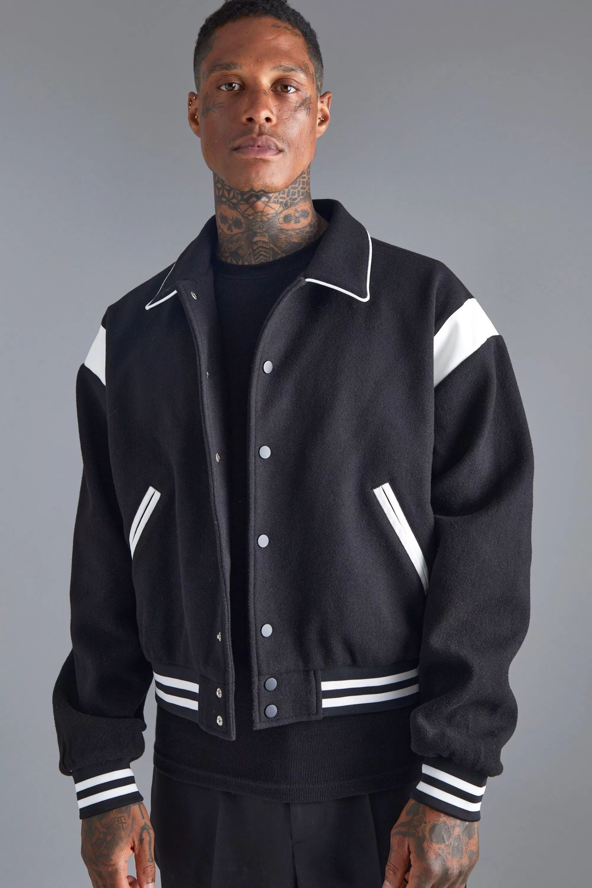 boohooMAN Boxy Melton Bomber With Contrast Trims | UK