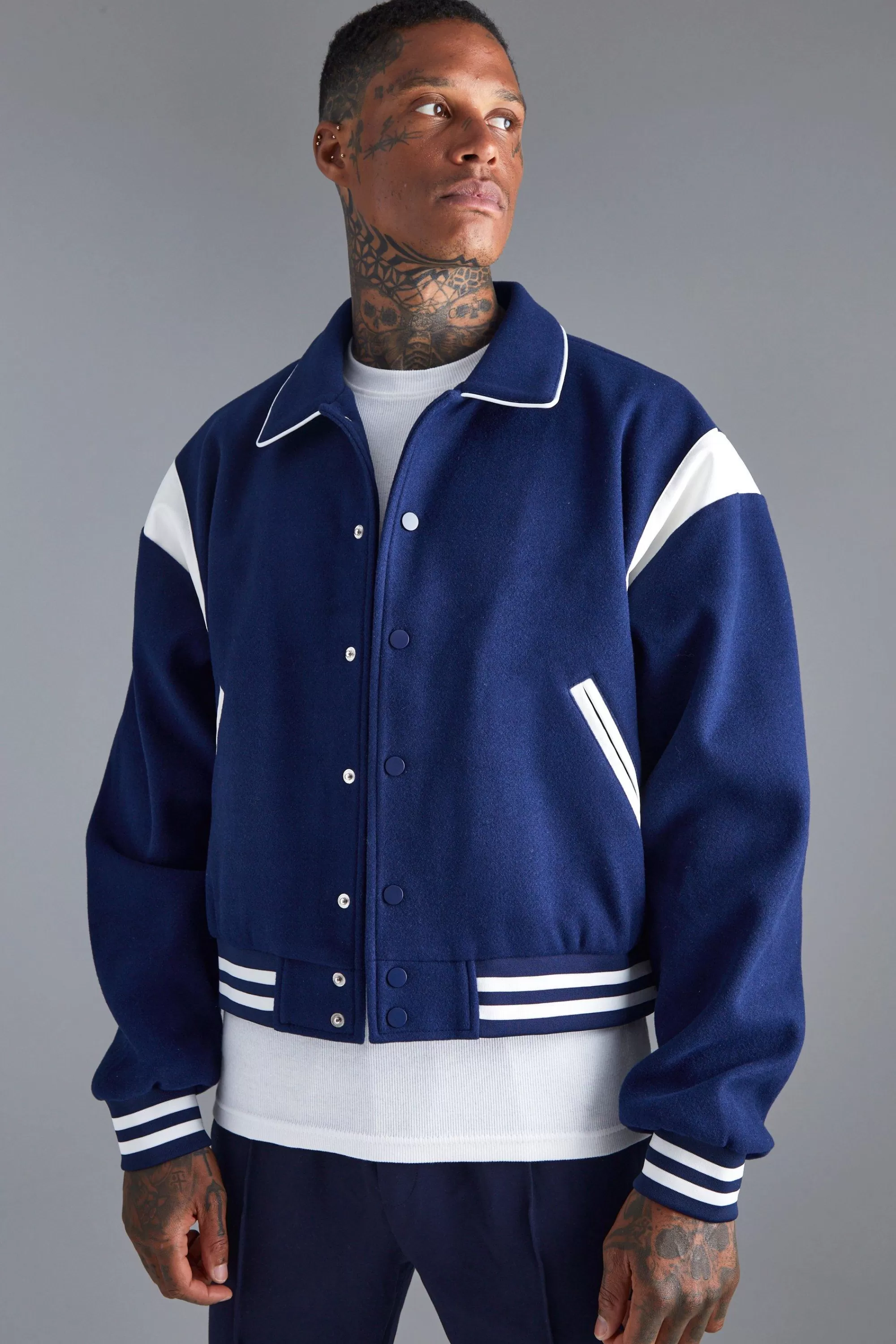 boohooMAN Boxy Melton Bomber With Contrast Trims | UK
