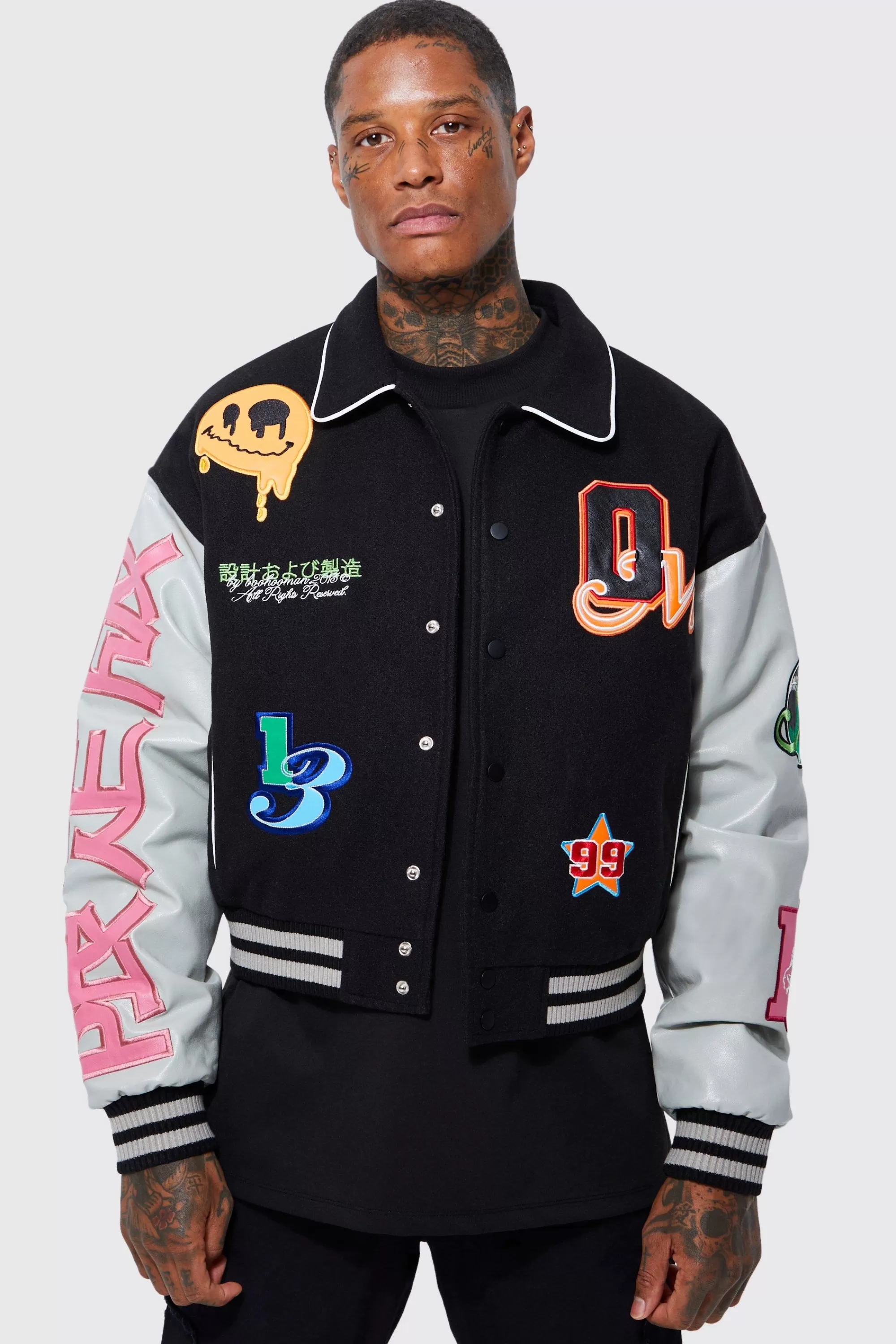 boohooMAN Boxy Melton Pu Varsity Badge Jacket | UK