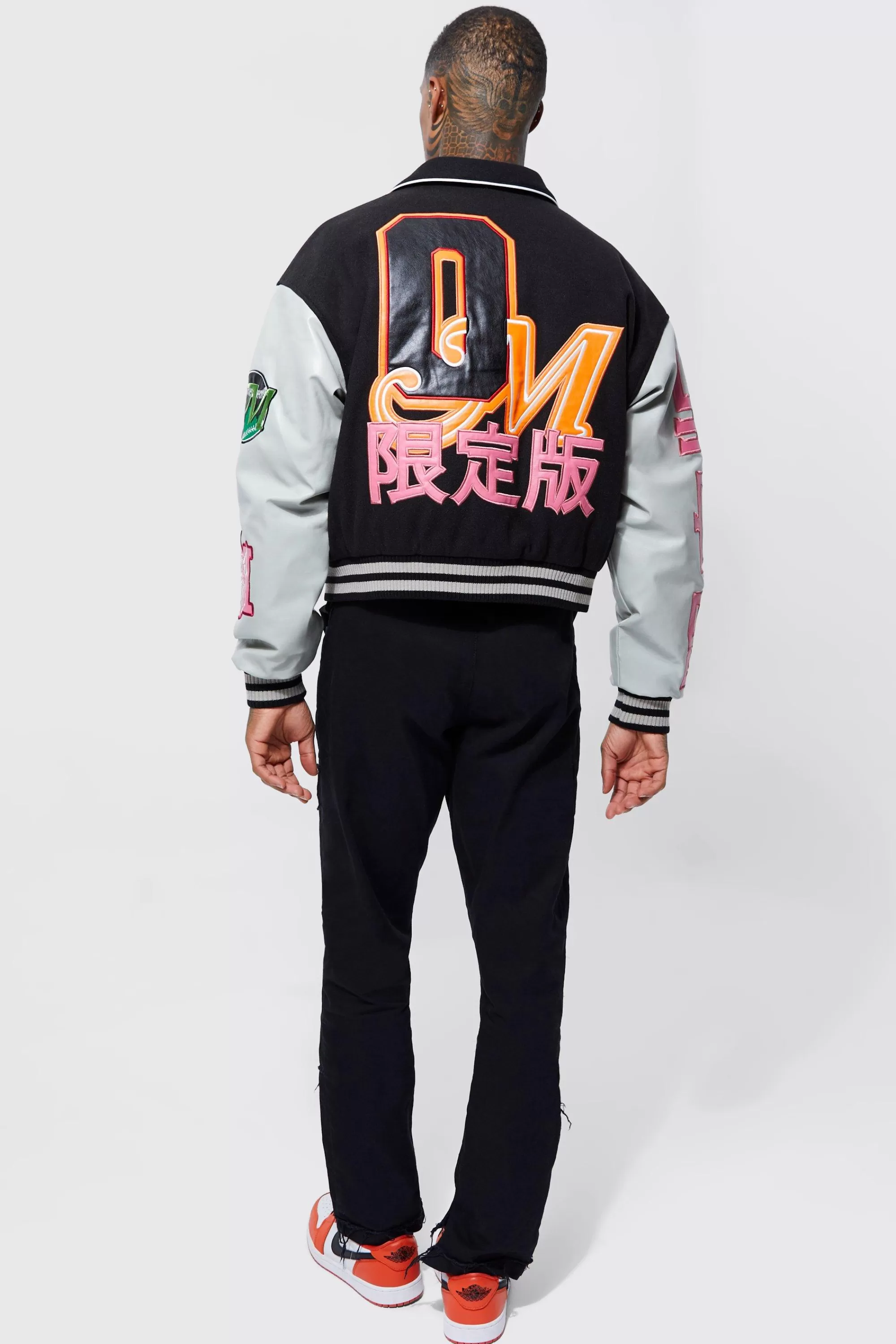 boohooMAN Boxy Melton Pu Varsity Badge Jacket | UK