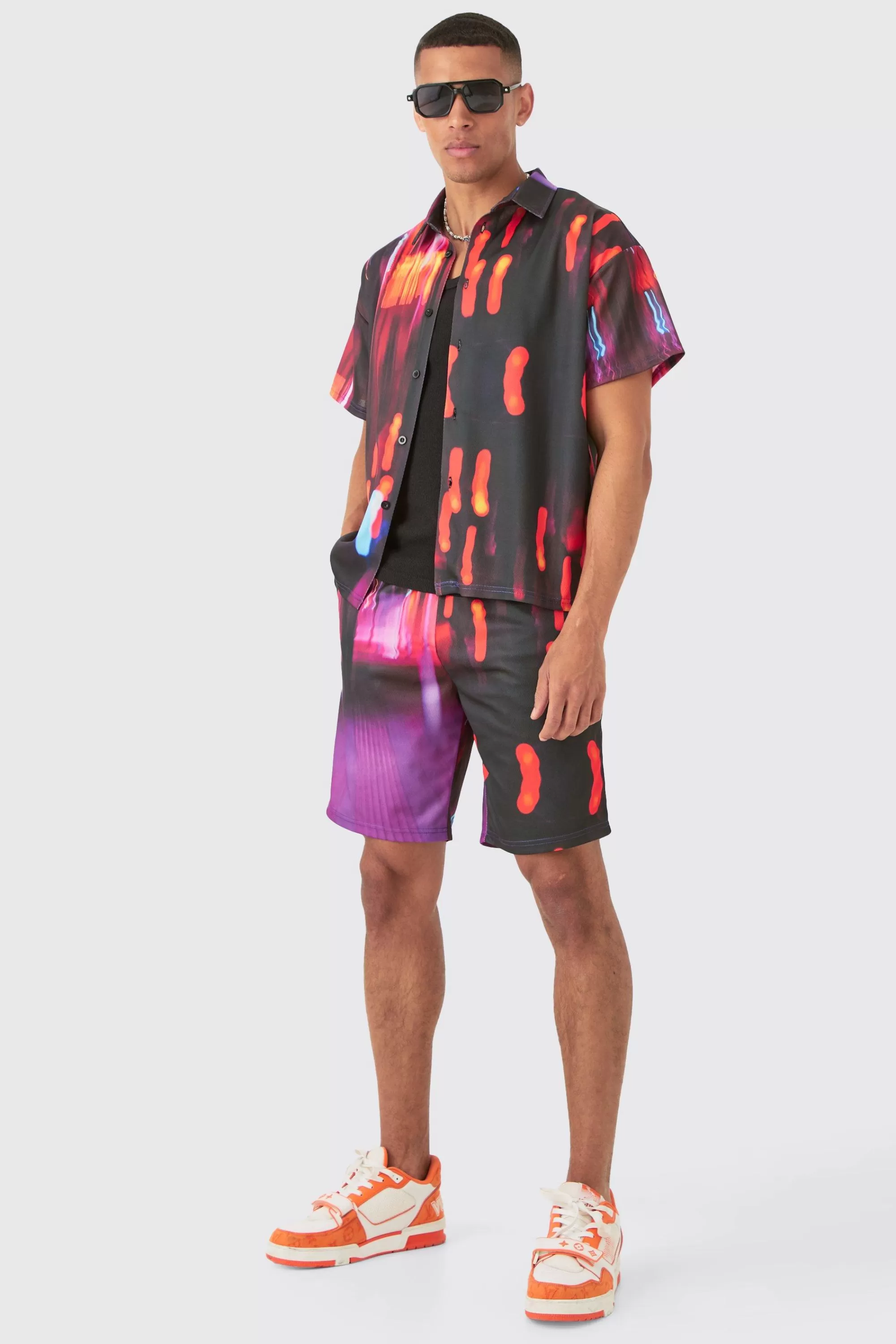 boohooMAN Boxy Mesh Glitch Shirt & Short | UK