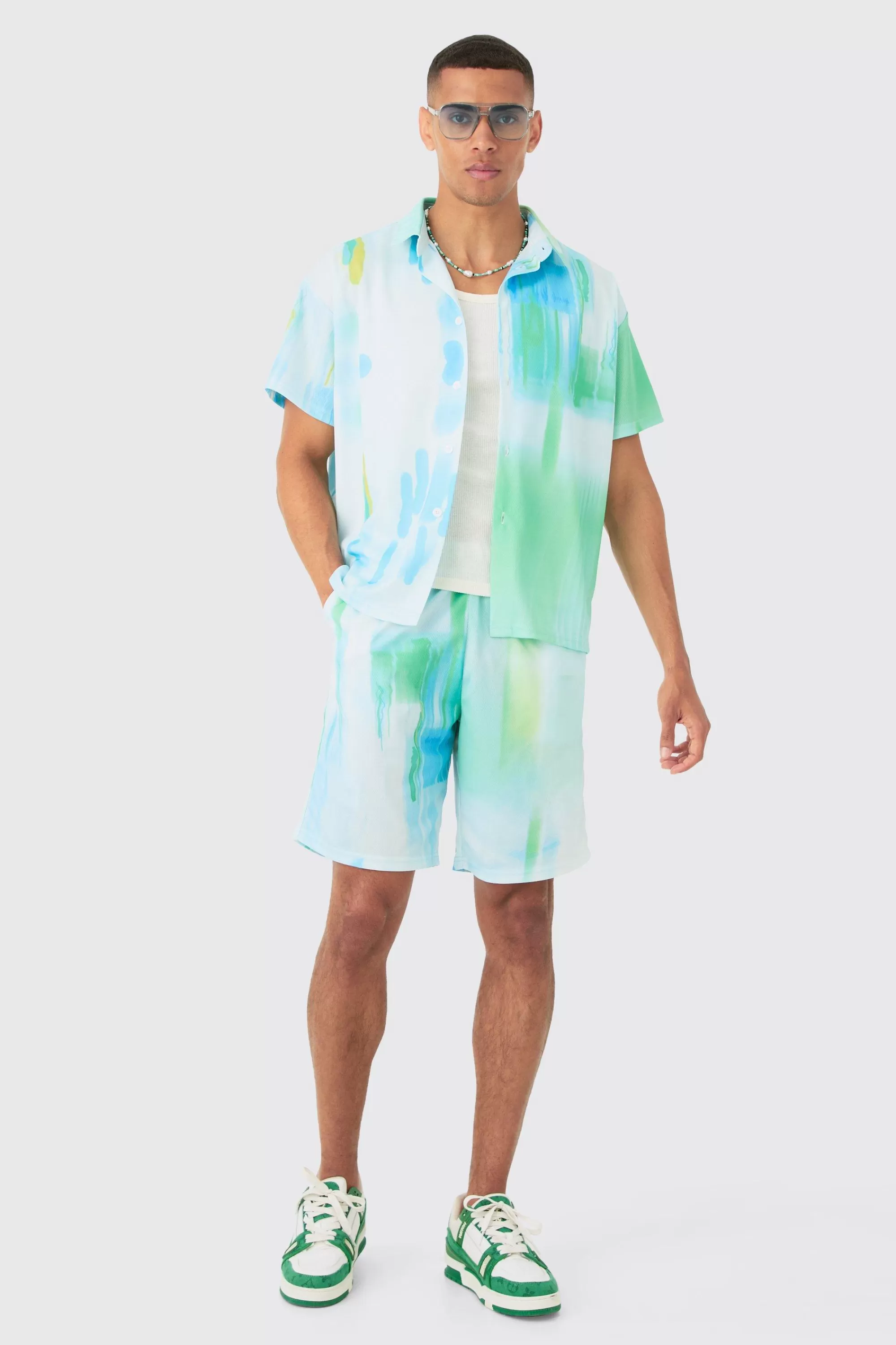boohooMAN Boxy Mesh Glitch Shirt & Short Set | UK