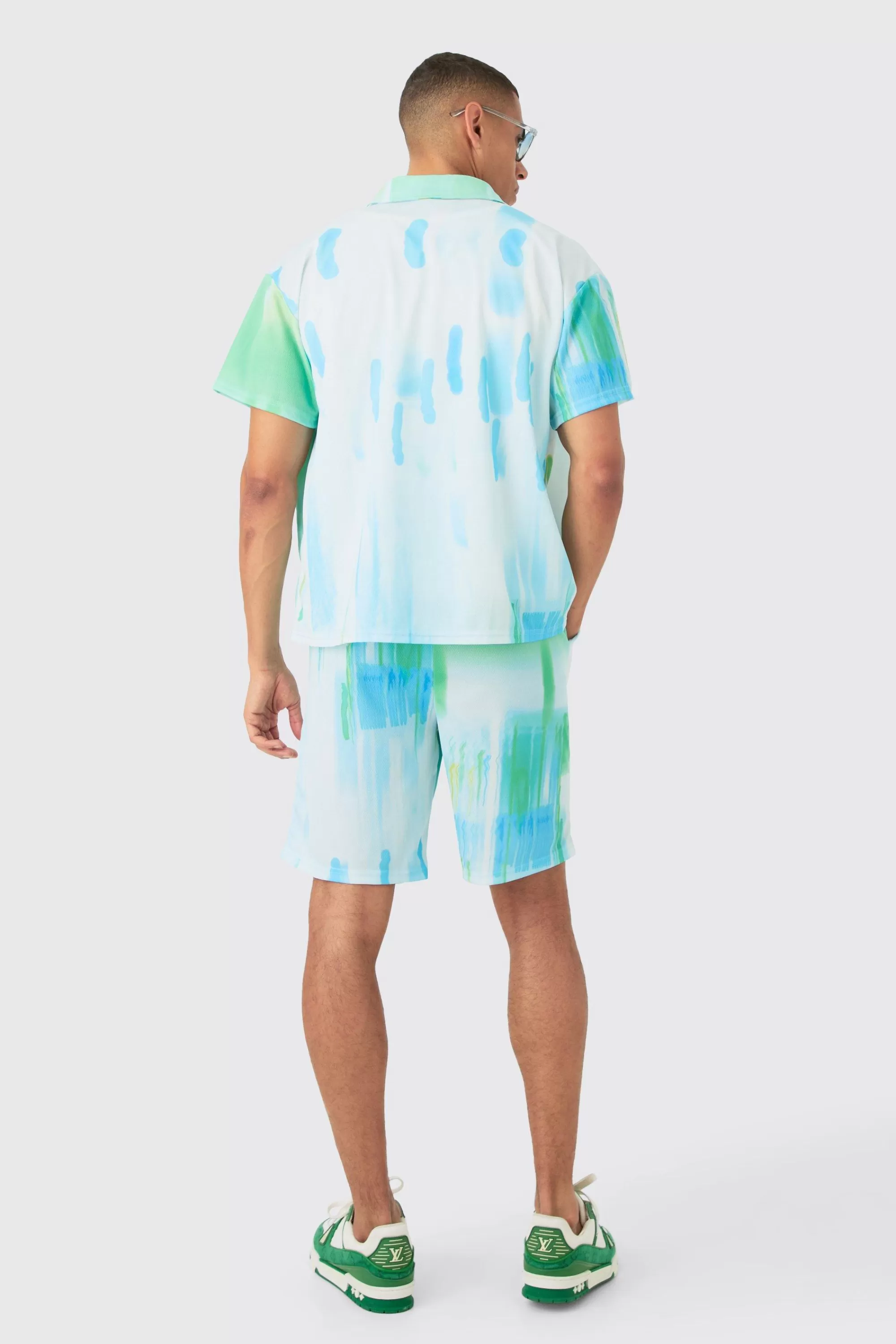 boohooMAN Boxy Mesh Glitch Shirt & Short Set | UK