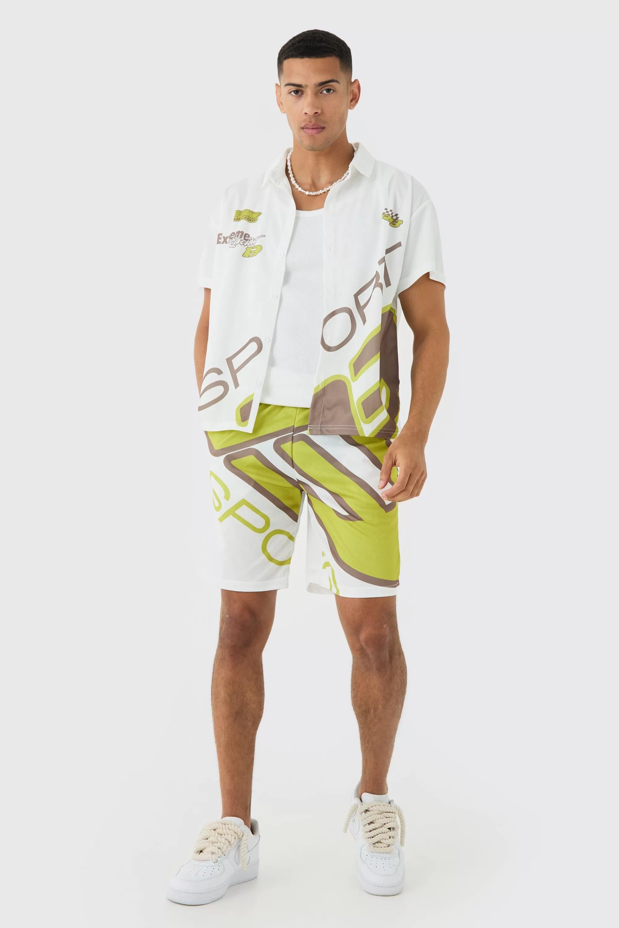 boohooMAN Boxy Mesh Moto Sport Shirt & Short | UK