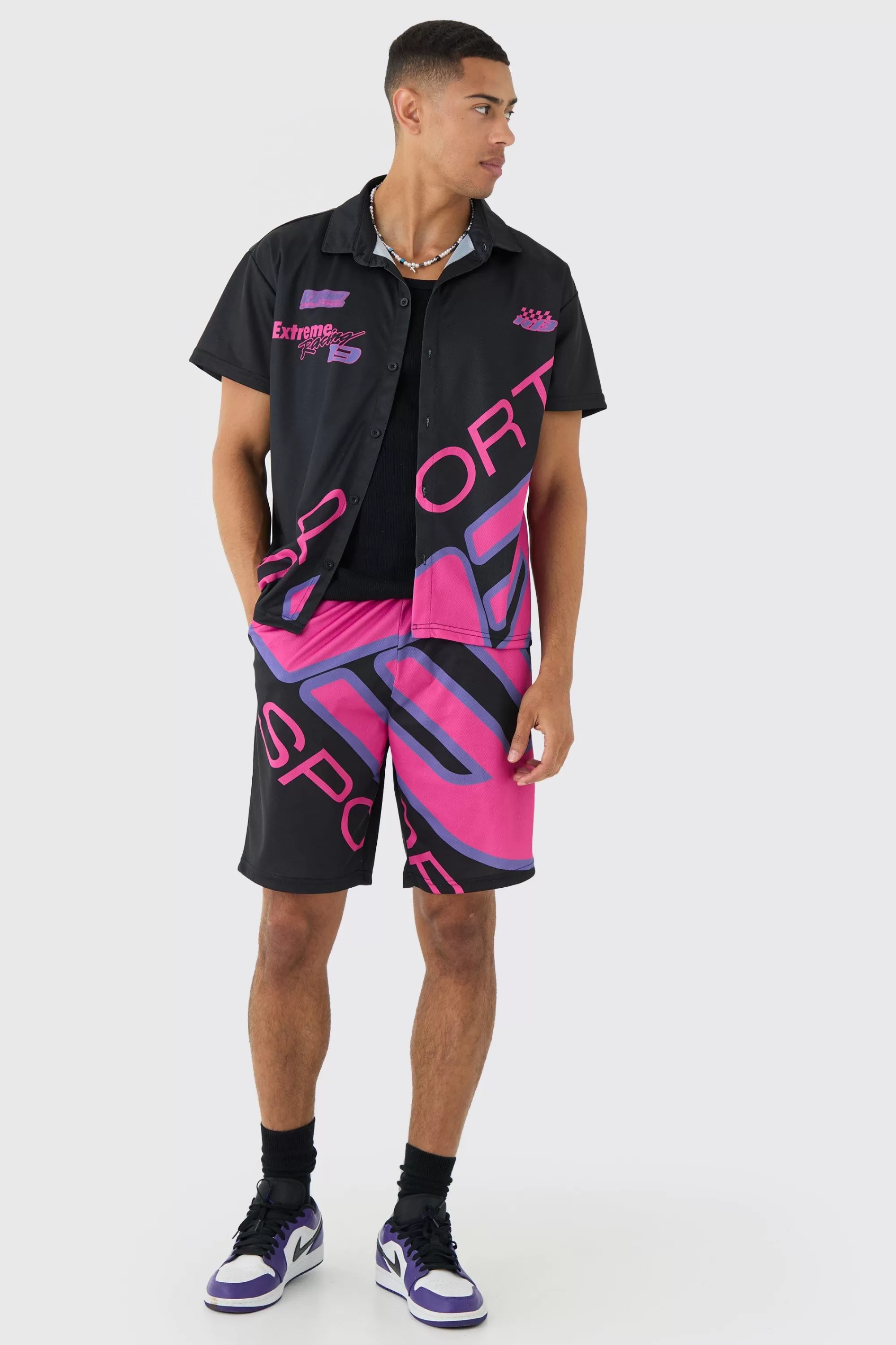 boohooMAN Boxy Mesh Moto Sport Shirt & Short | UK