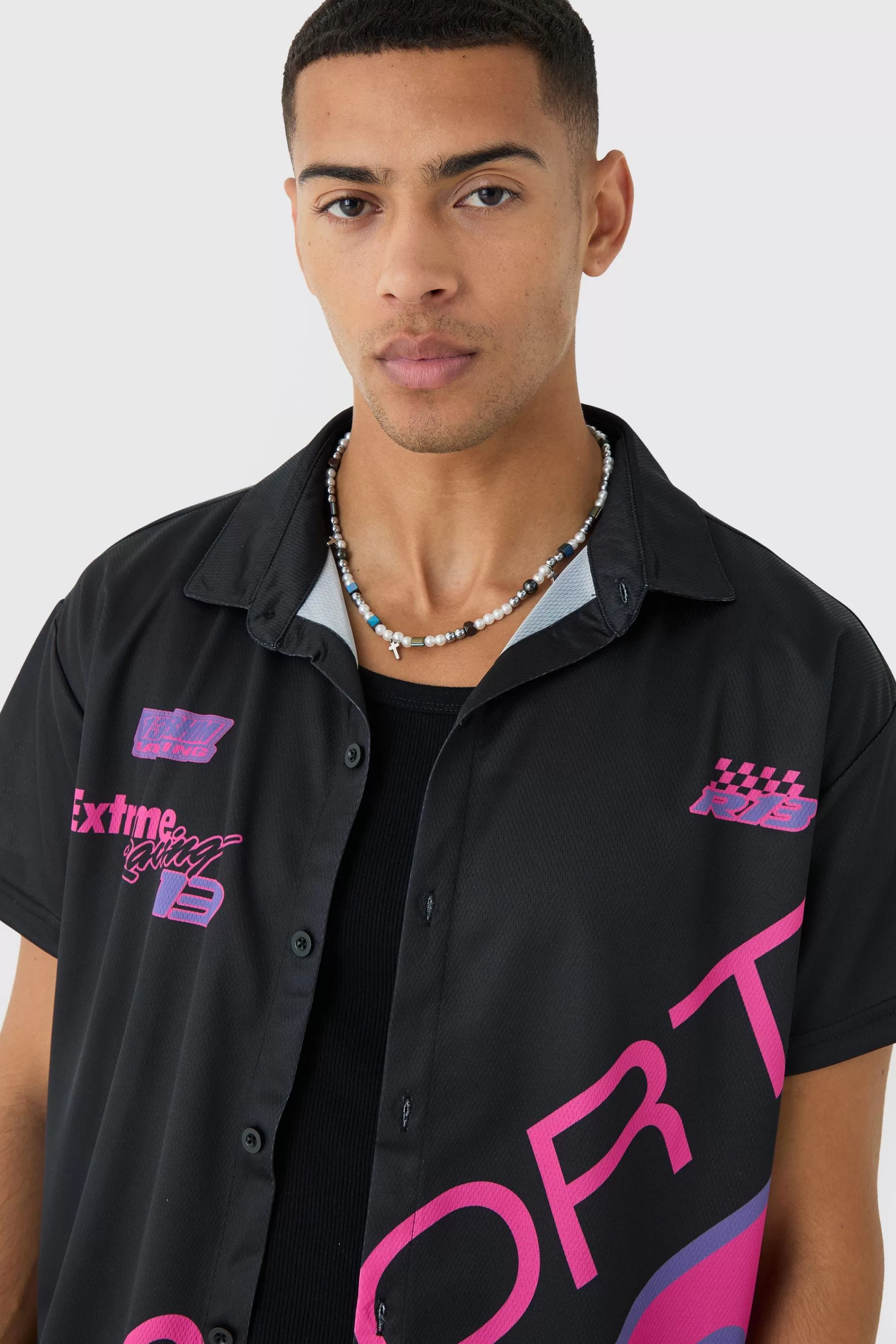 boohooMAN Boxy Mesh Moto Sport Shirt & Short | UK