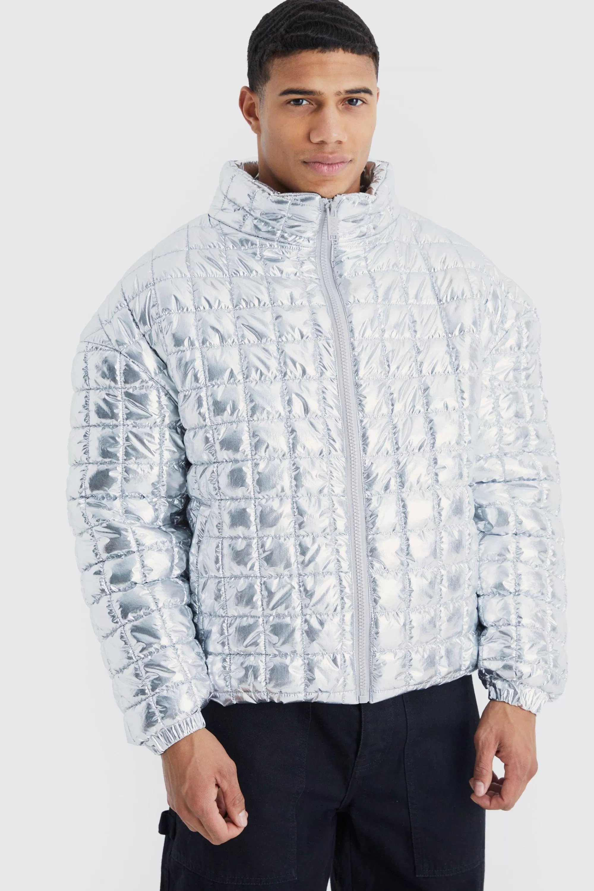 boohooMAN Boxy Metallic Funnel Neck Bubble Puffer | UK