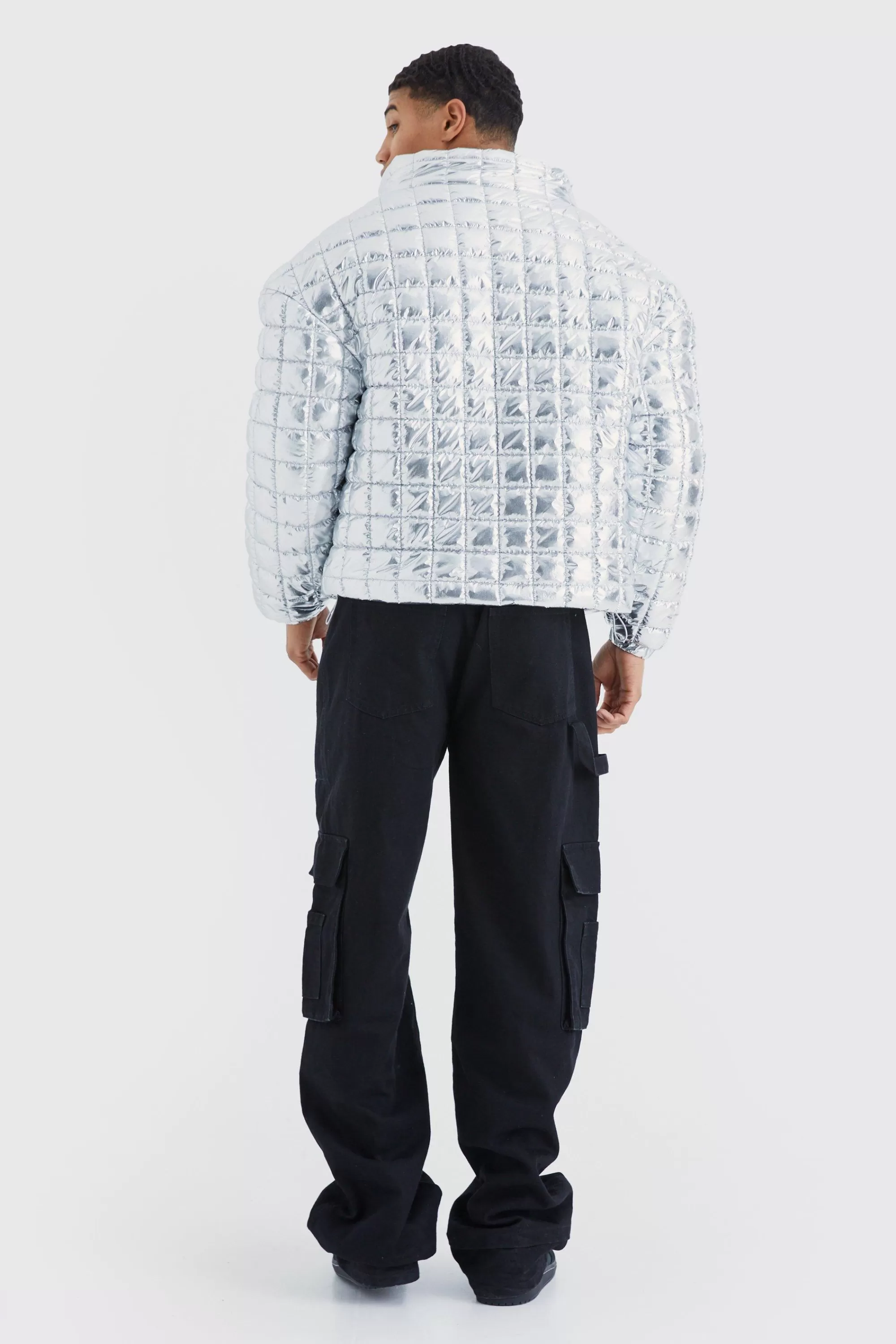 boohooMAN Boxy Metallic Funnel Neck Bubble Puffer | UK