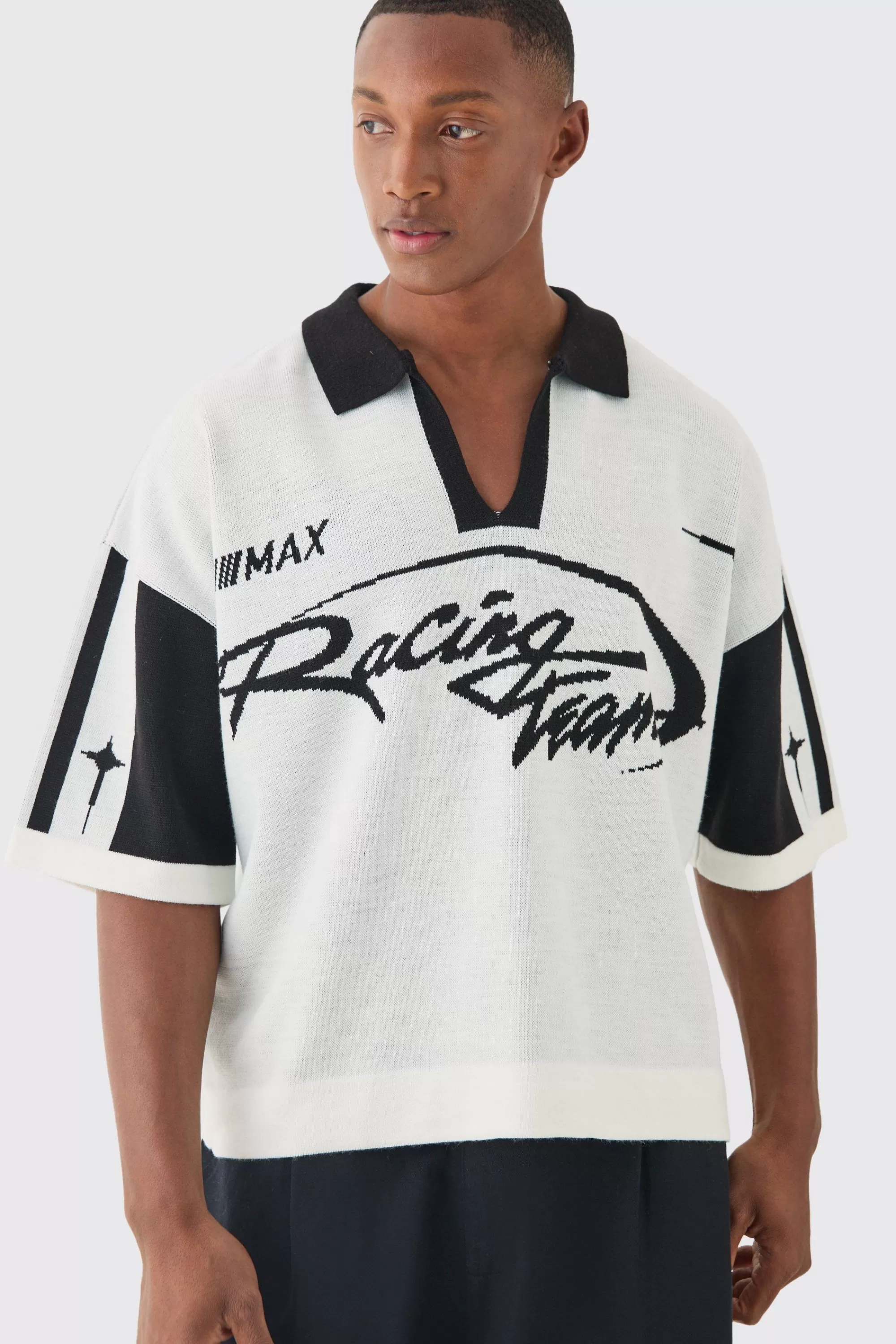 boohooMAN Boxy Moto Knitted Polo | UK