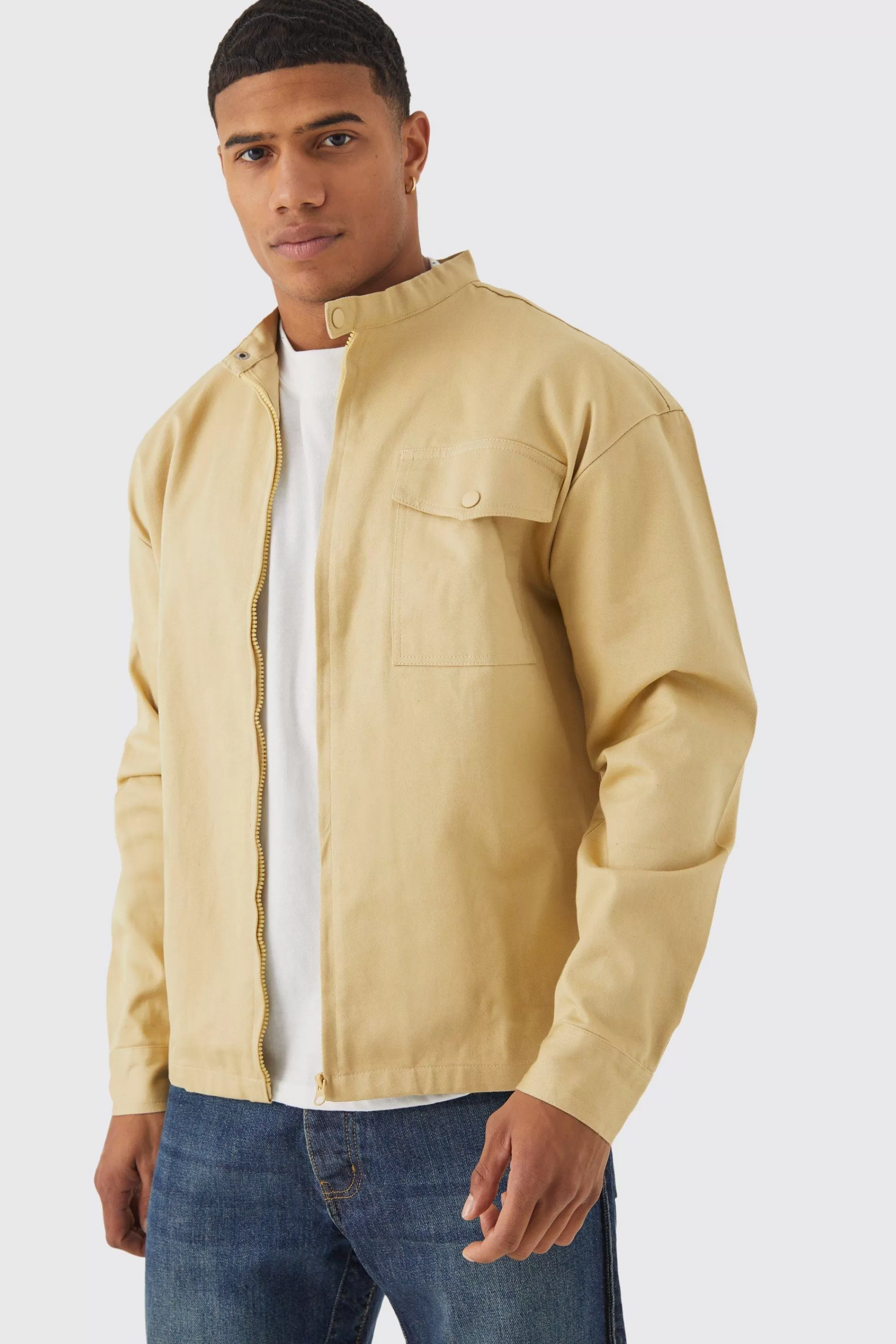 boohooMAN Boxy Moto Neck Twill Overshirt | UK