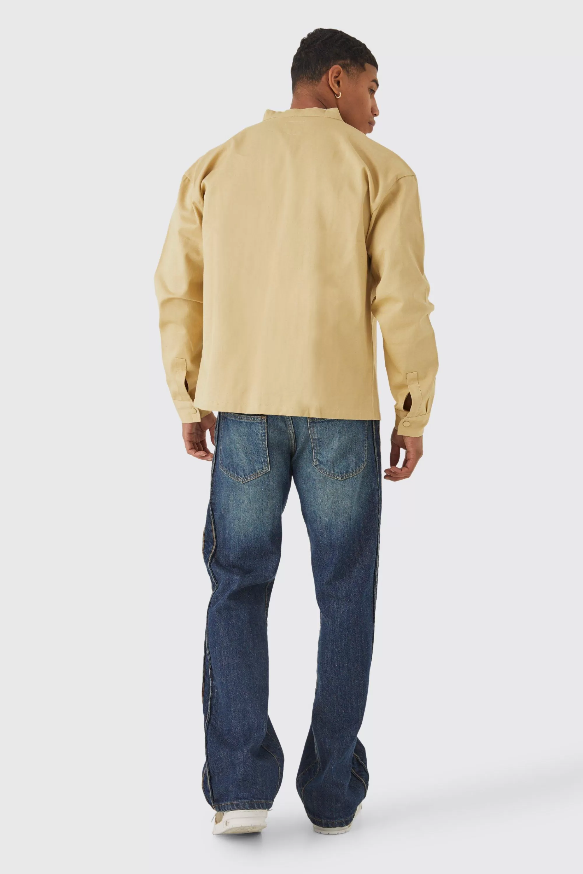 boohooMAN Boxy Moto Neck Twill Overshirt | UK
