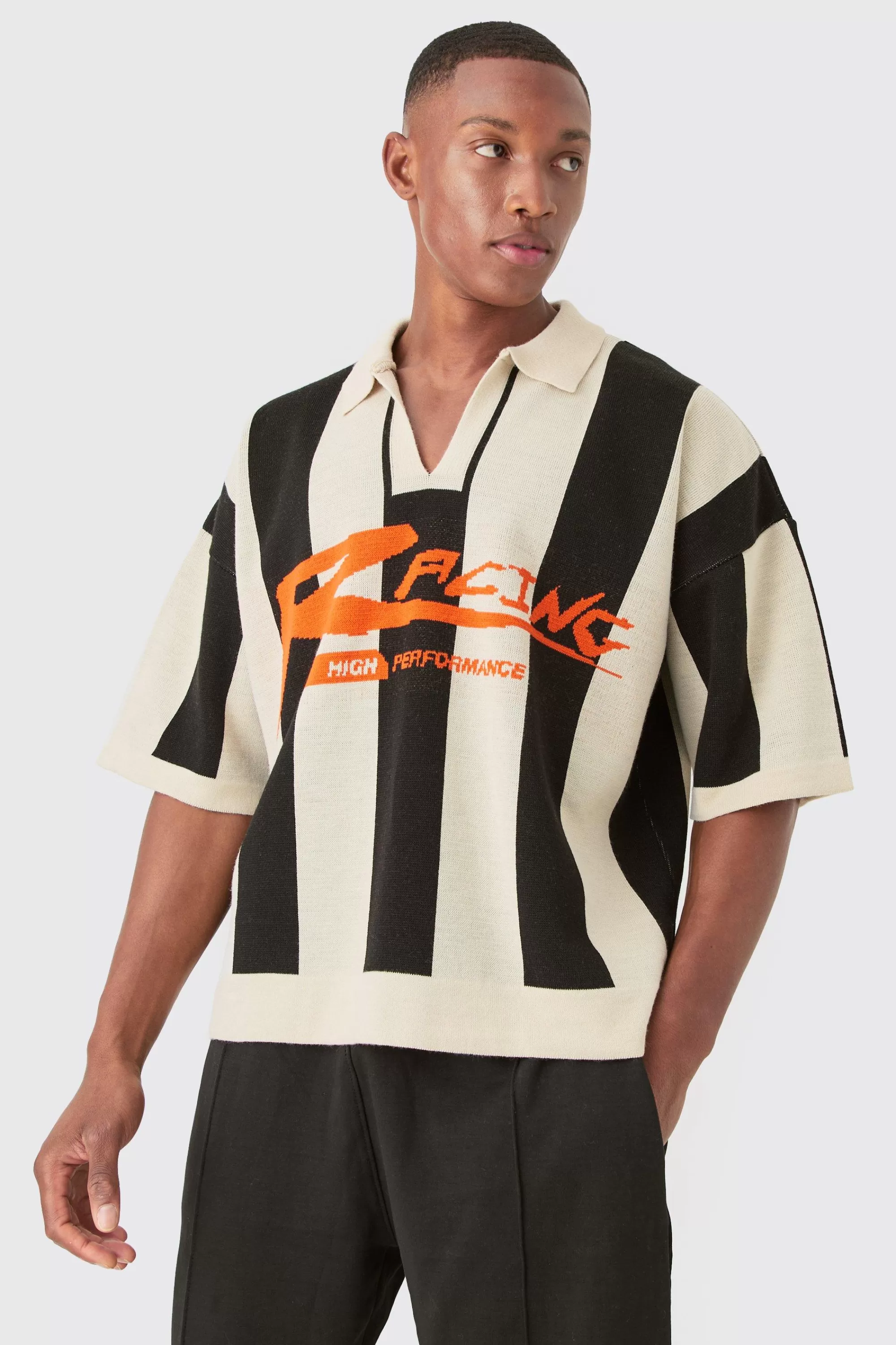 boohooMAN Boxy Moto Stripe Knitted Polo | UK
