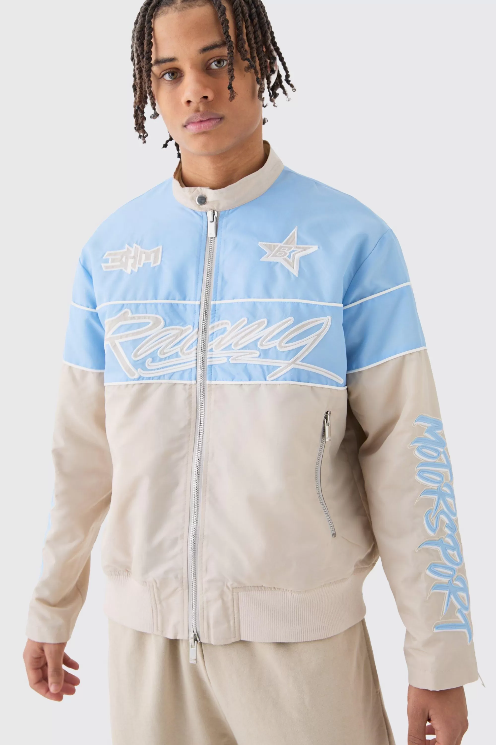 boohooMAN Boxy Nylon Collarless Moto Jacket | UK