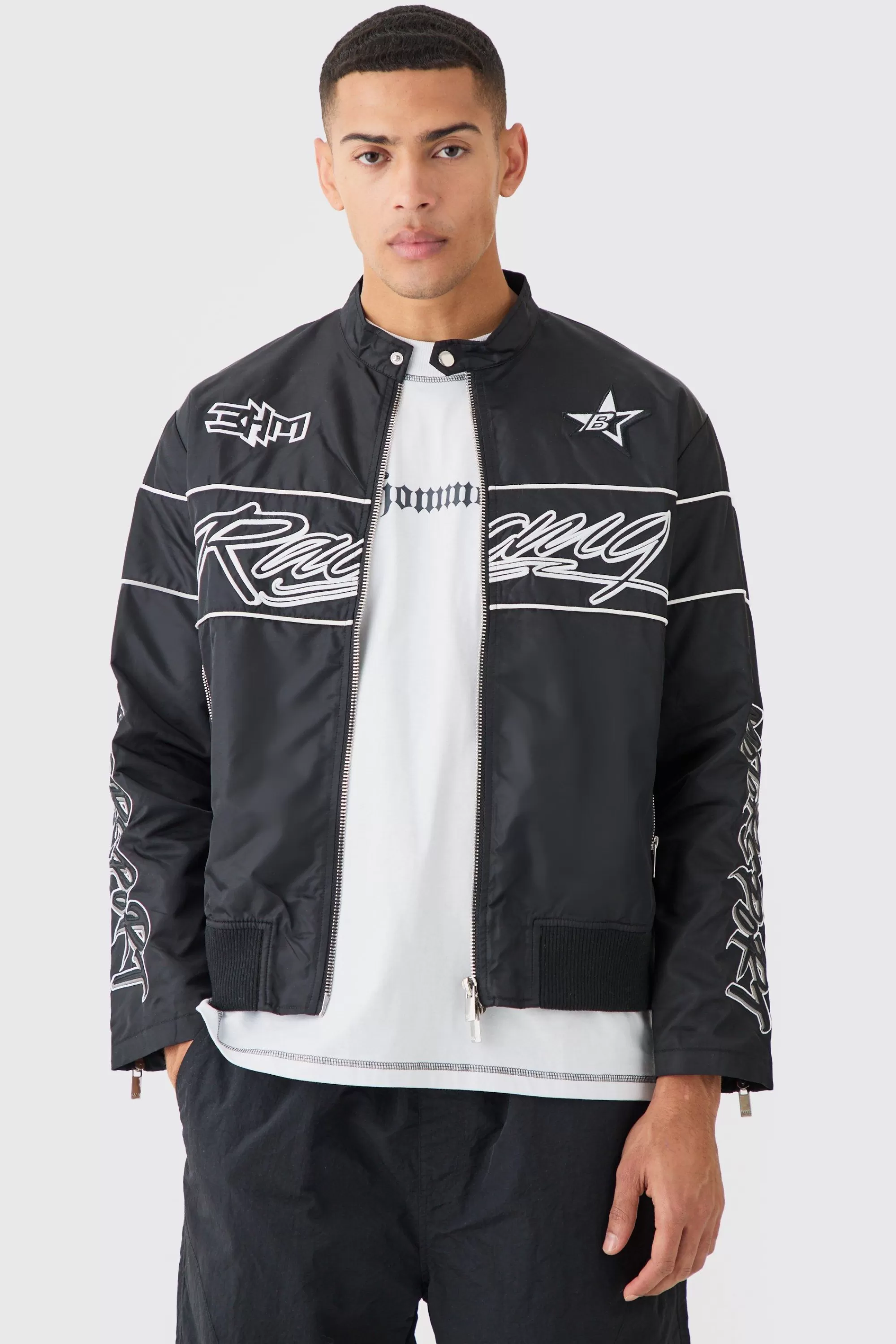 boohooMAN Boxy Nylon Collarless Moto Jacket | UK