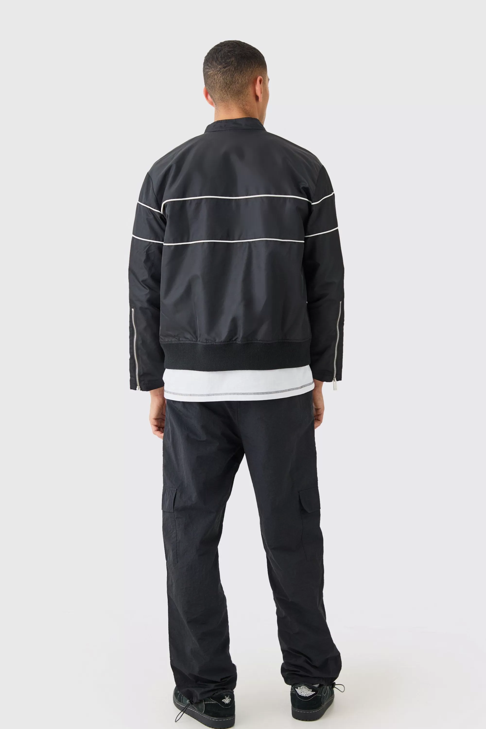 boohooMAN Boxy Nylon Collarless Moto Jacket | UK