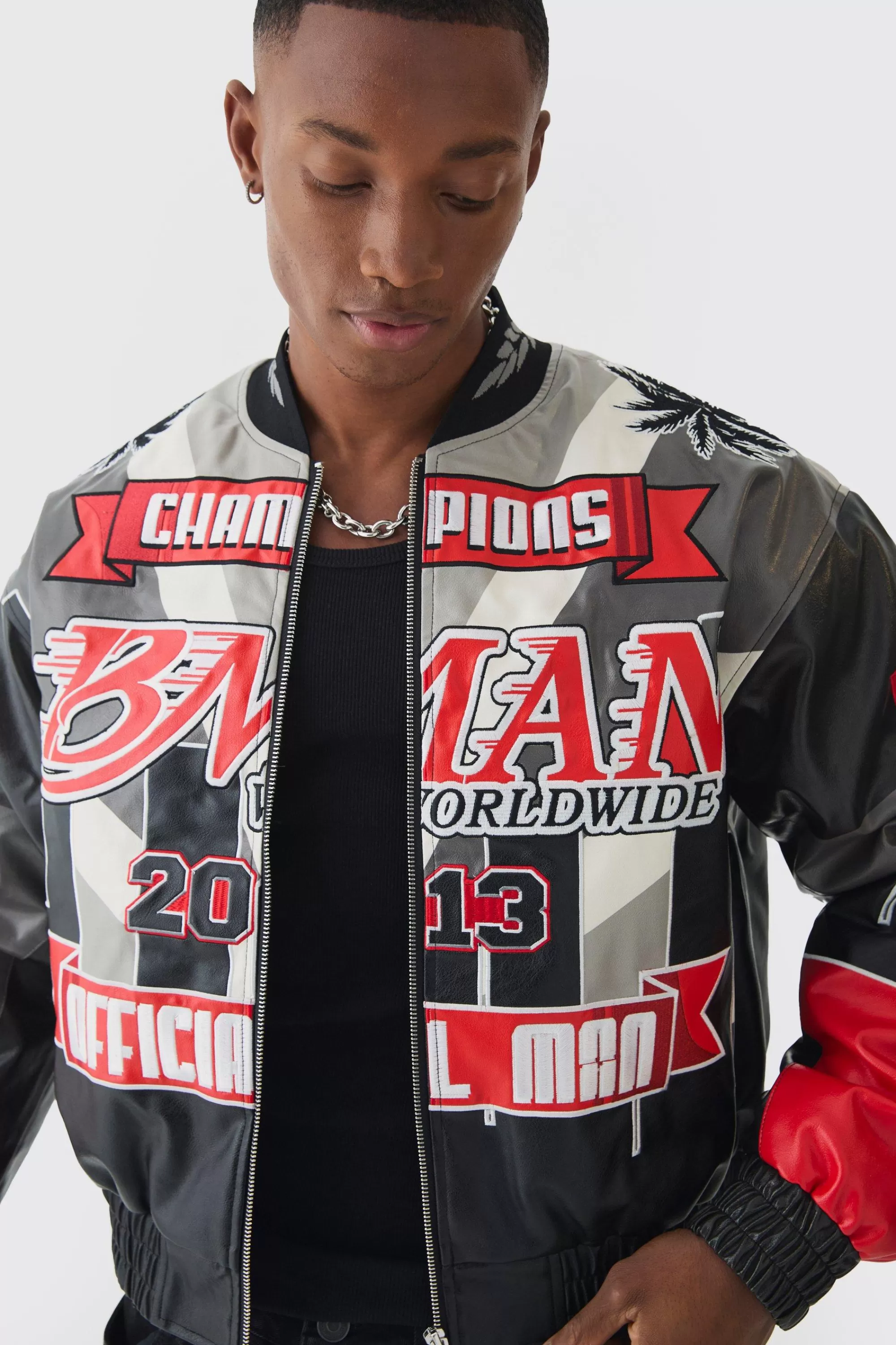 boohooMAN Boxy Official Man PU Varsity Jacket In | UK