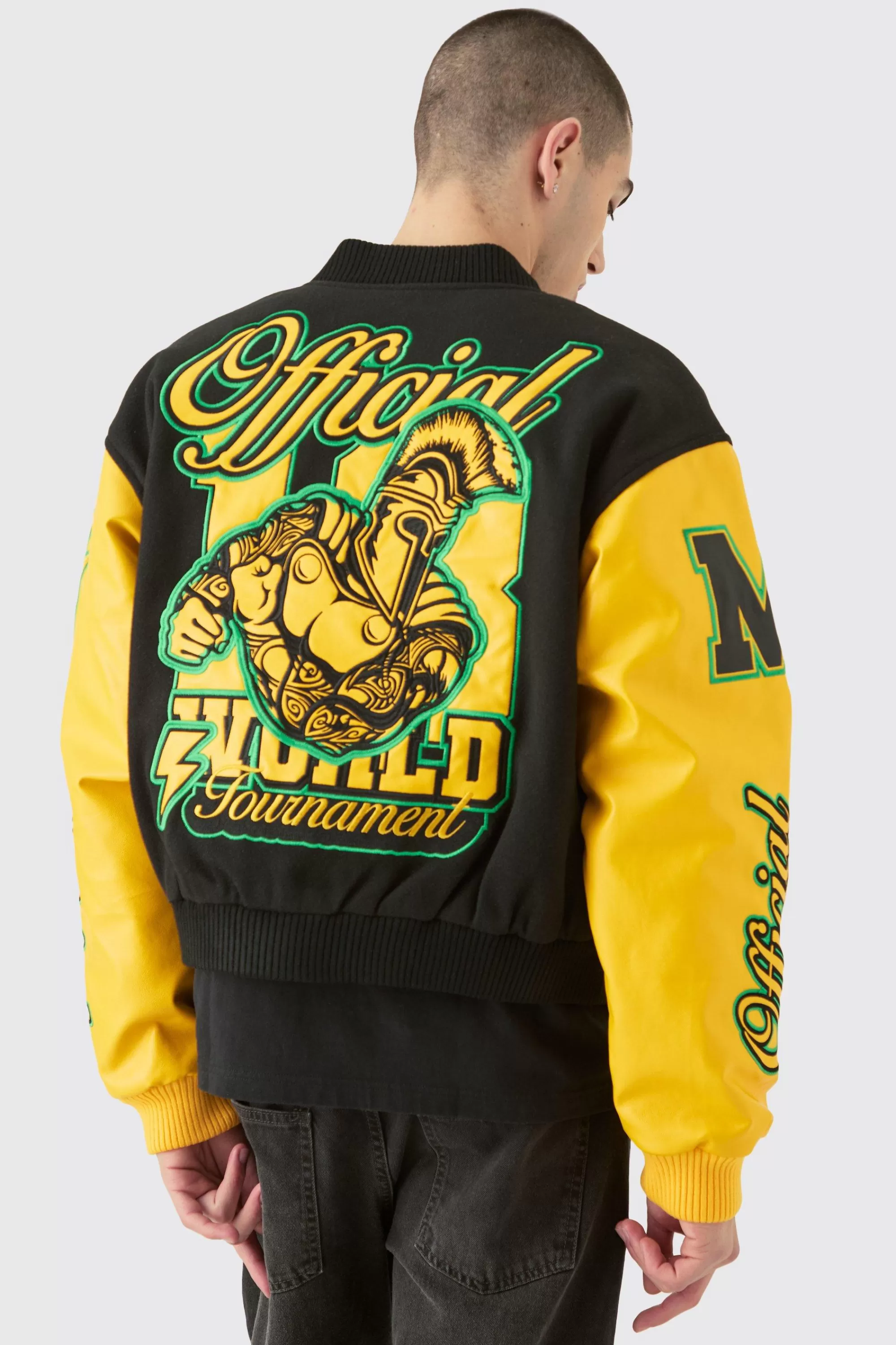 boohooMAN Boxy Official Melton Varsity Jacket | UK