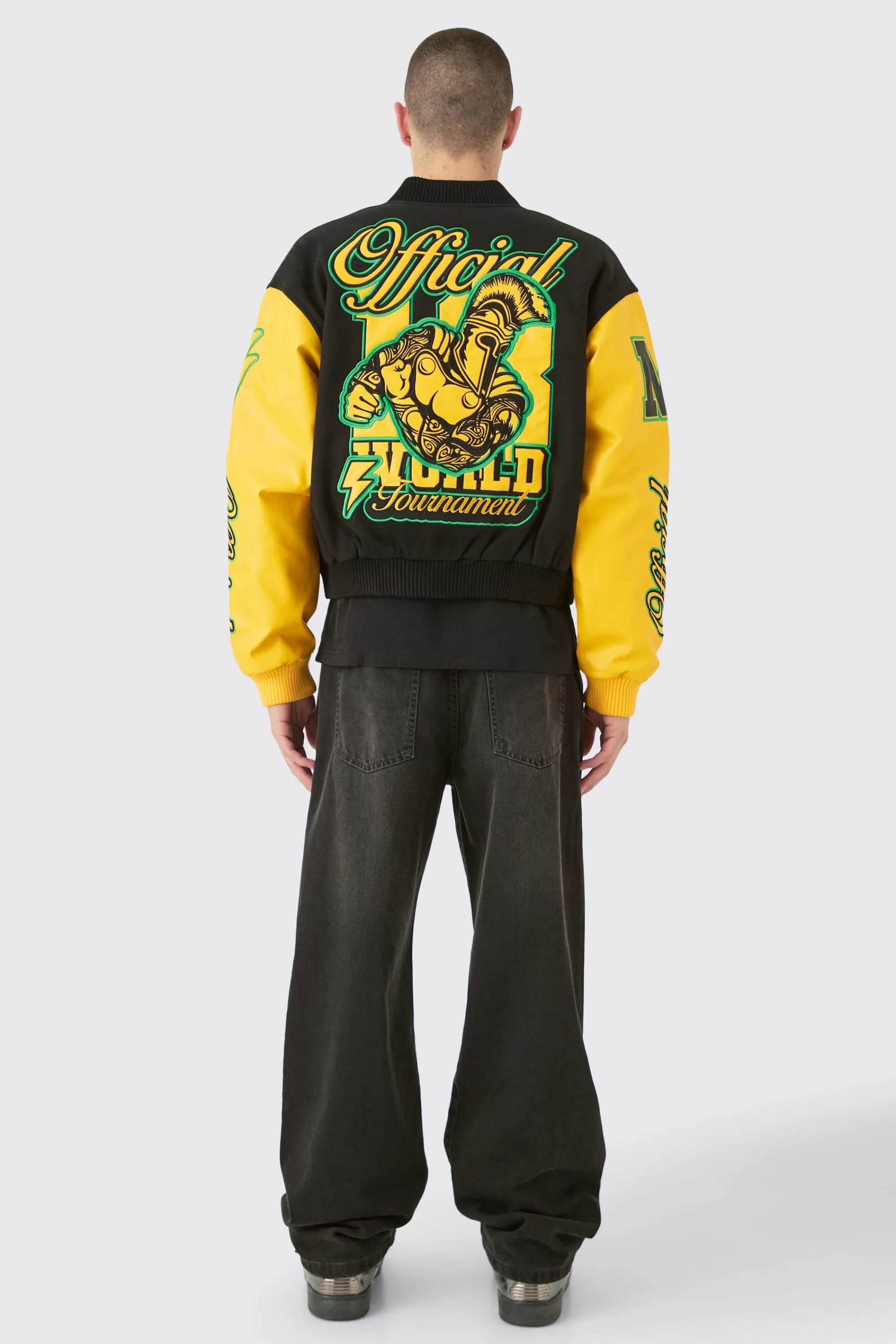 boohooMAN Boxy Official Melton Varsity Jacket | UK