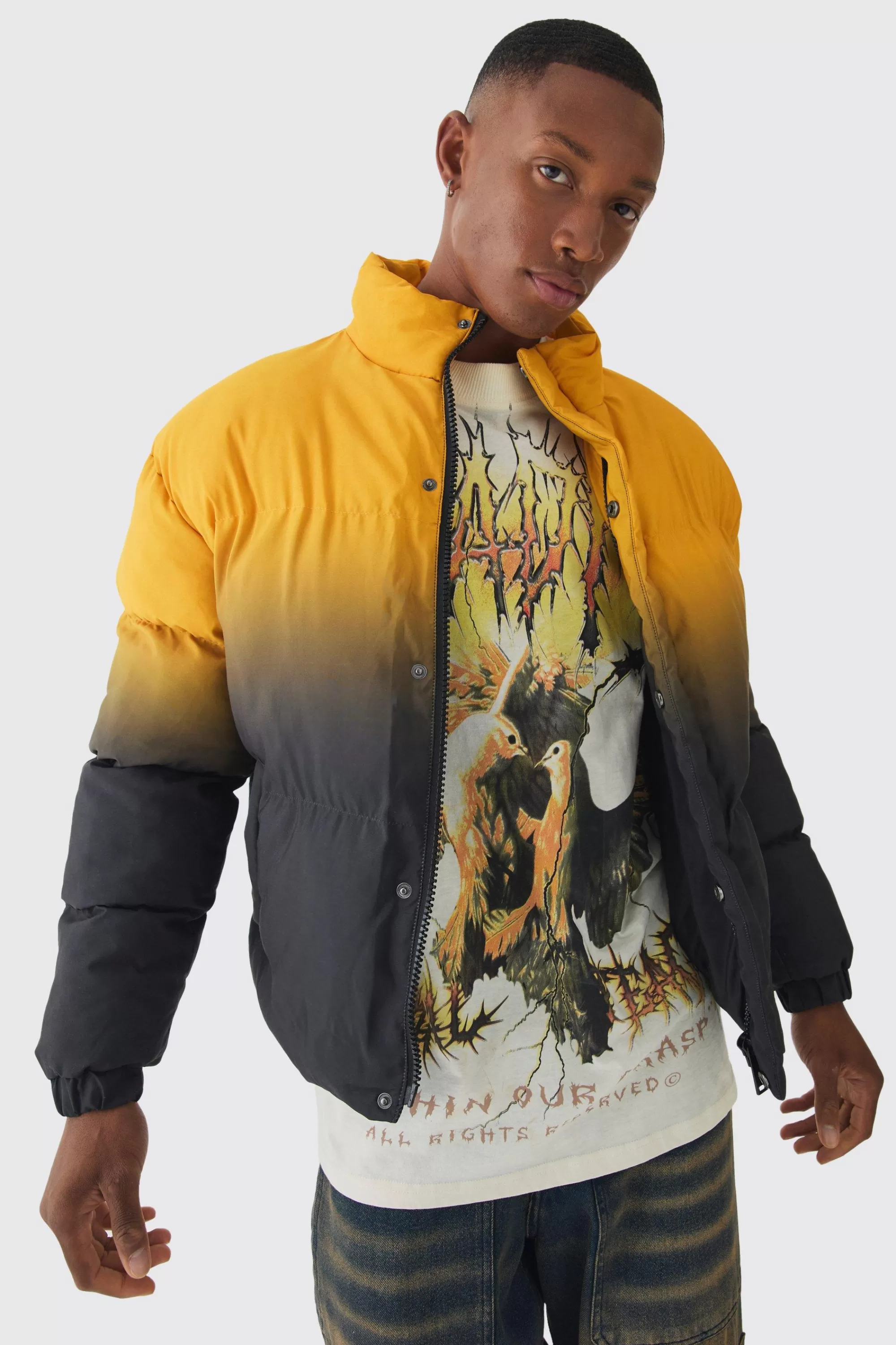 boohooMAN Boxy Ombre Funnel Neck Puffer Coat In | UK