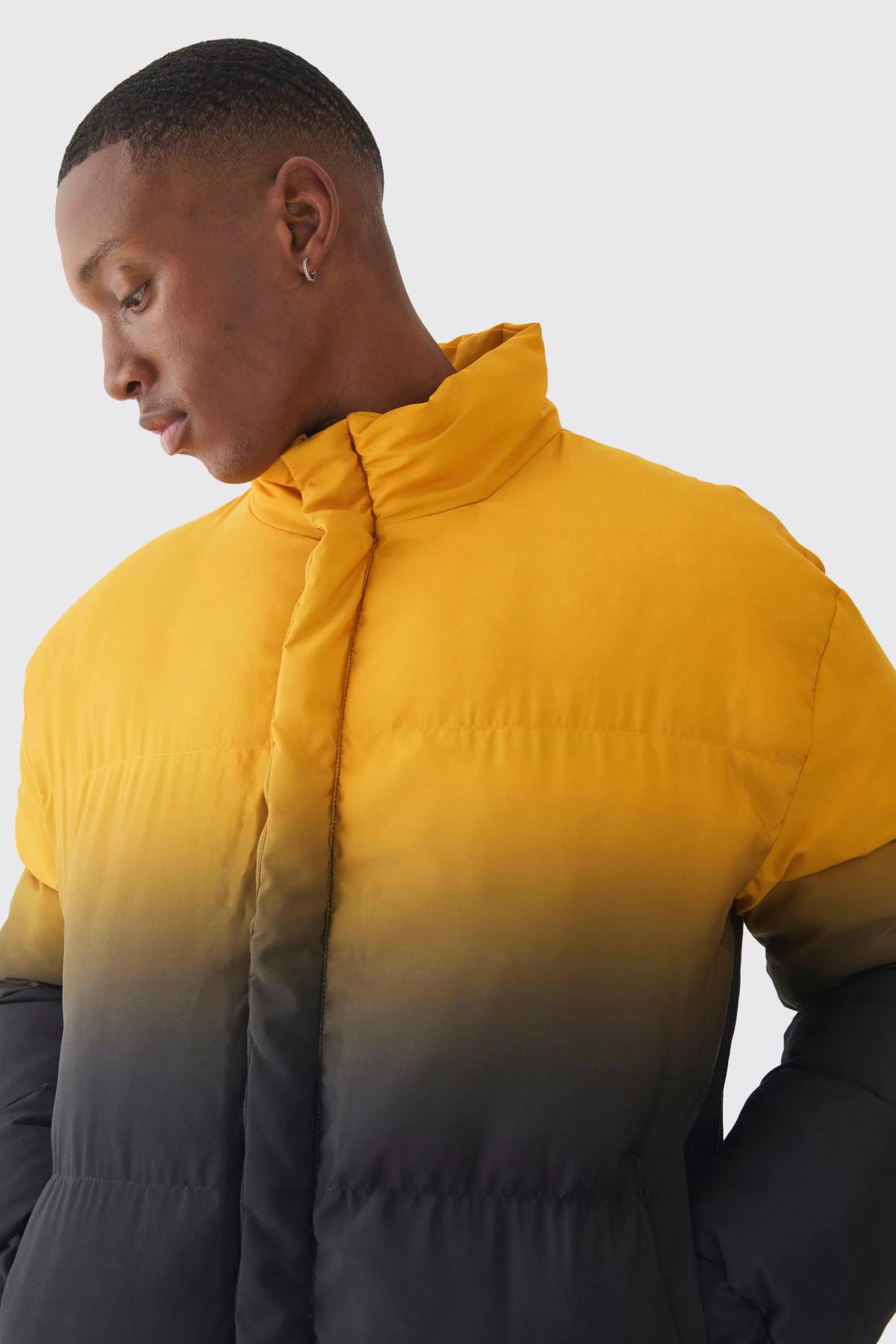 boohooMAN Boxy Ombre Funnel Neck Puffer Coat In | UK