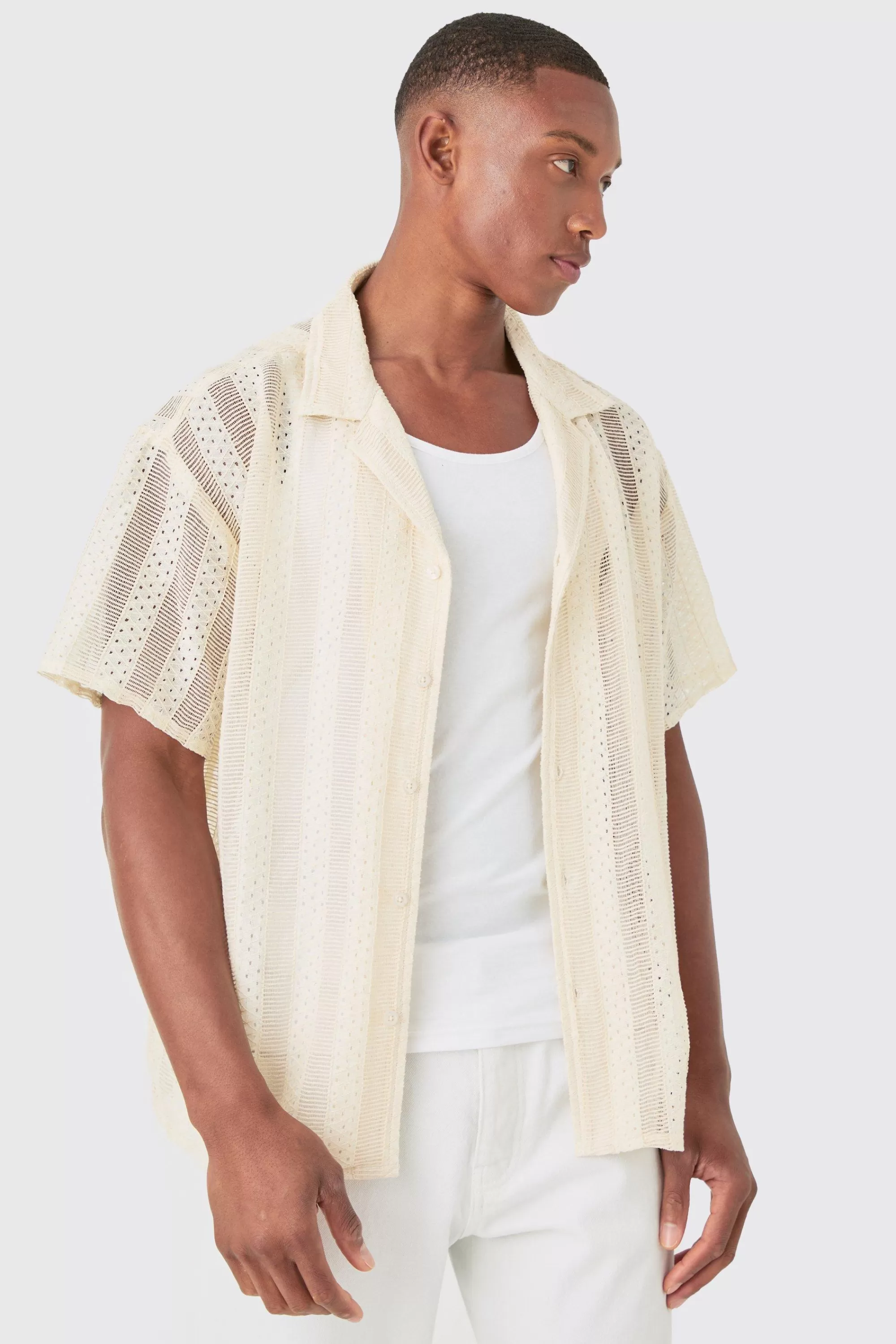 boohooMAN Boxy Open Lace Stripe Shirt | UK