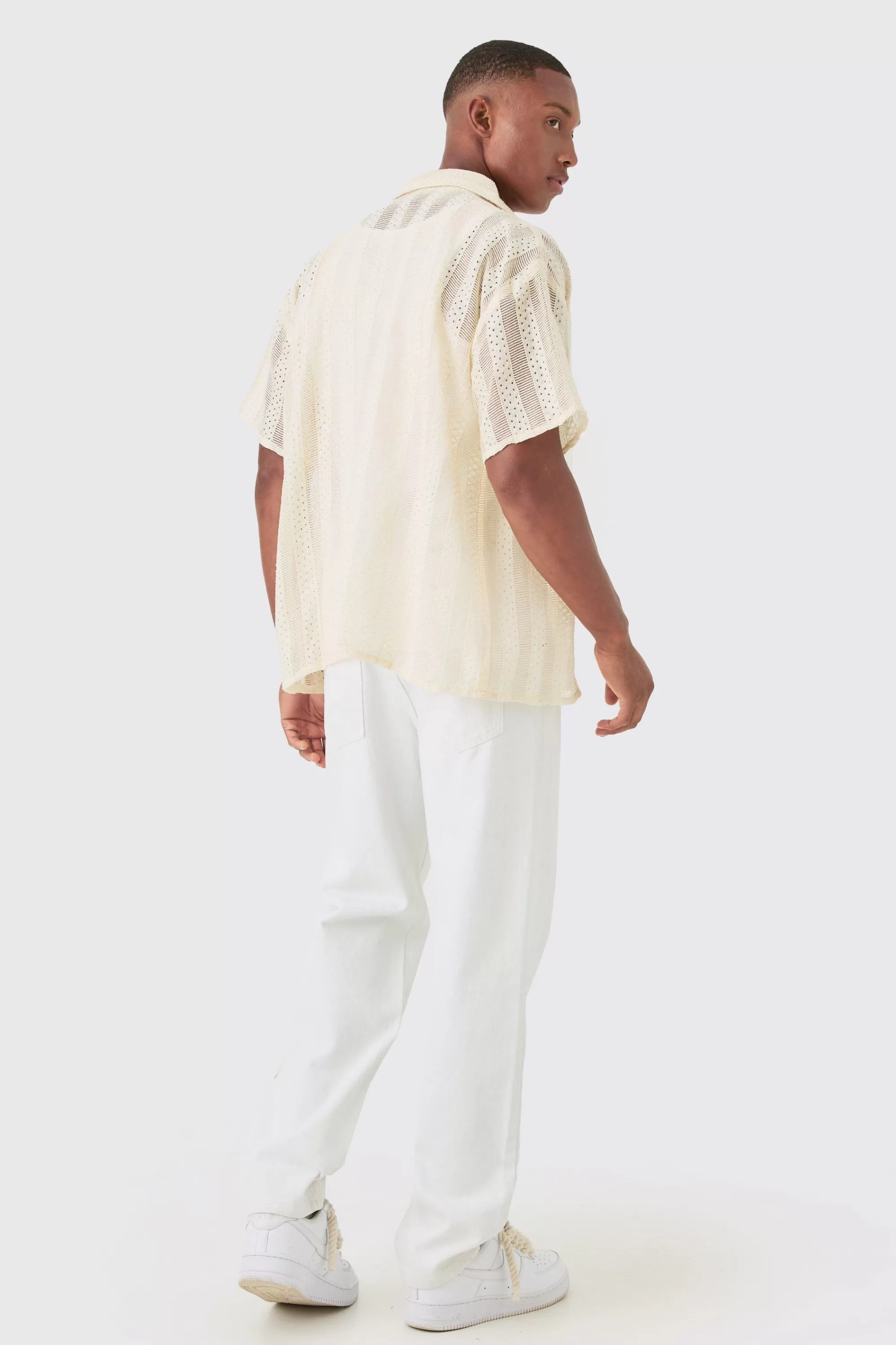 boohooMAN Boxy Open Lace Stripe Shirt | UK
