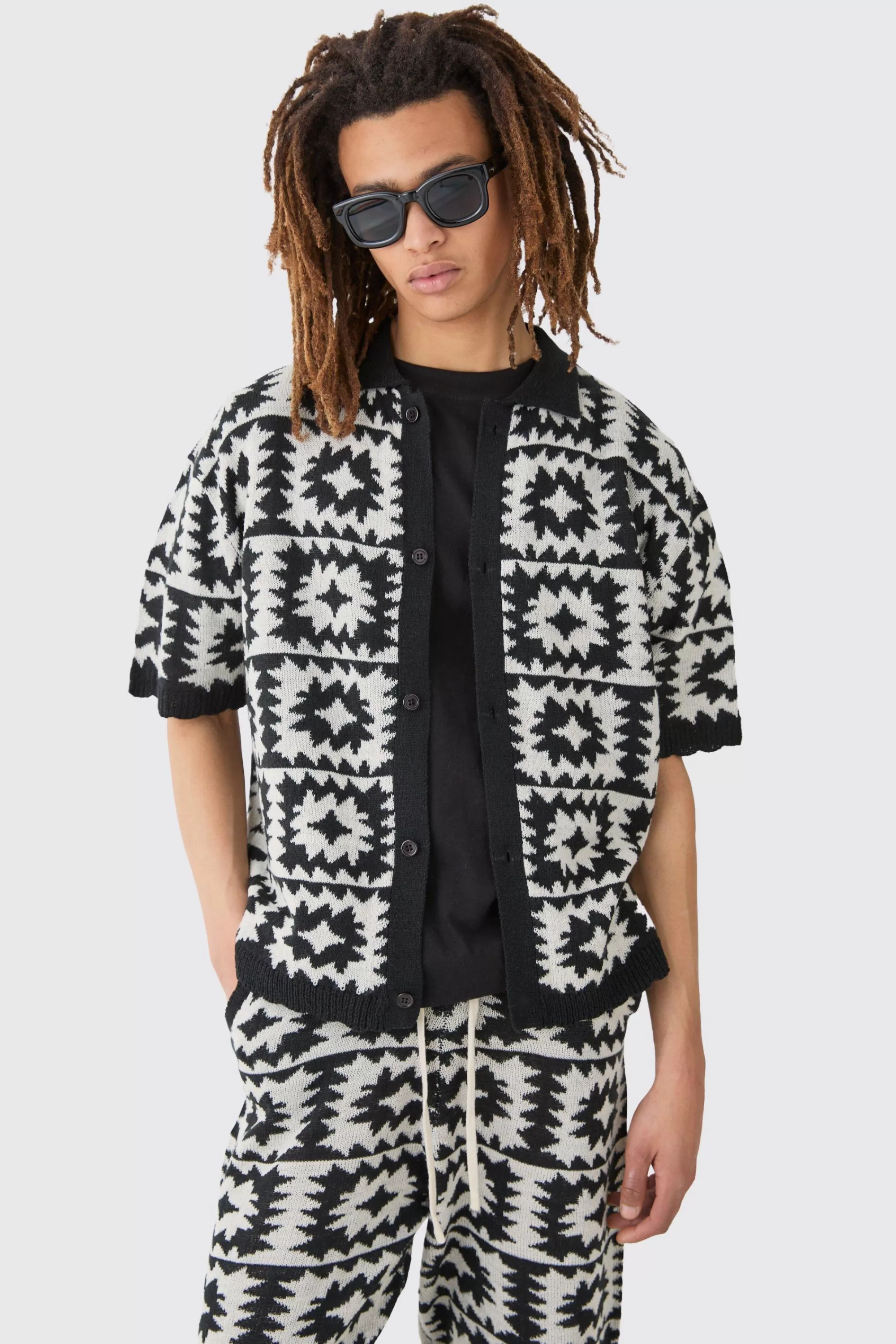 boohooMAN Boxy Open Stitch Crochet Polo Trouser Knitted Set | UK