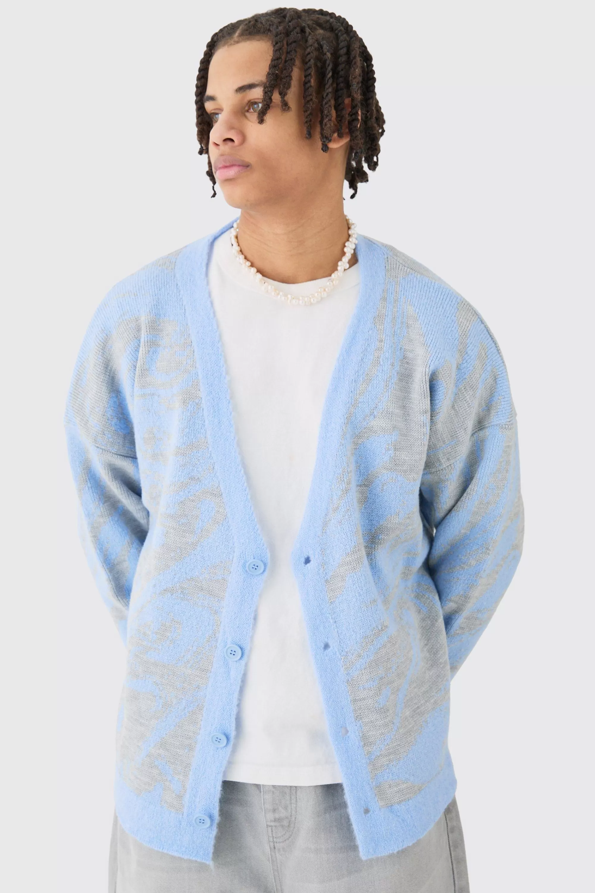 boohooMAN Boxy Oversized Brushed Abstract All Over Cardigan | UK