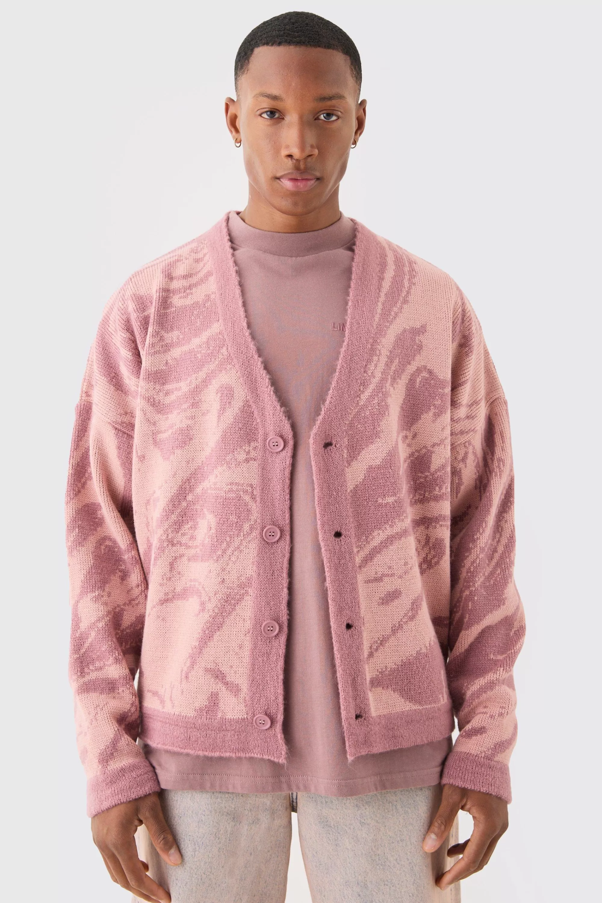 boohooMAN Boxy Oversized Brushed Abstract All Over Cardigan | UK