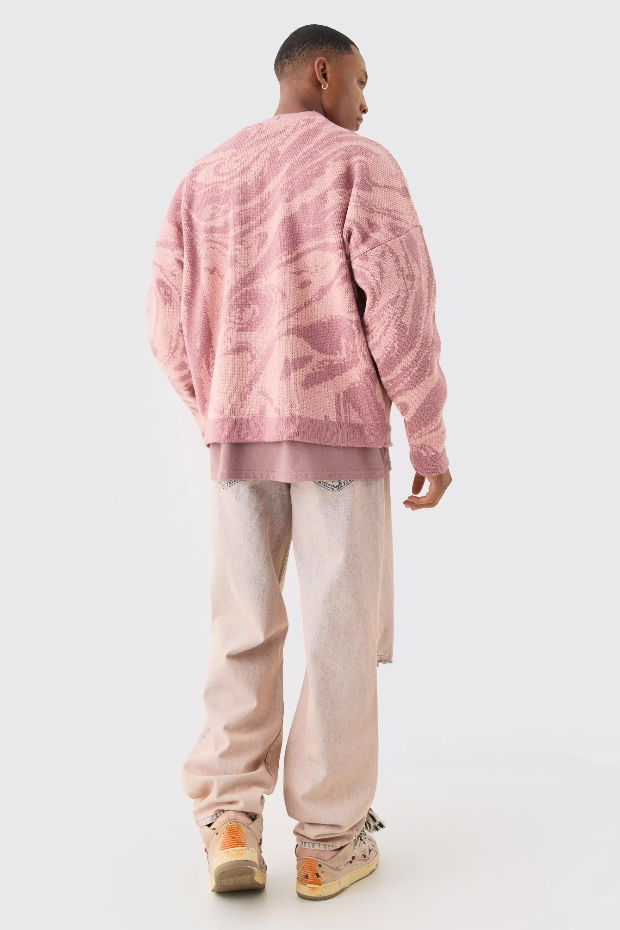 boohooMAN Boxy Oversized Brushed Abstract All Over Cardigan | UK