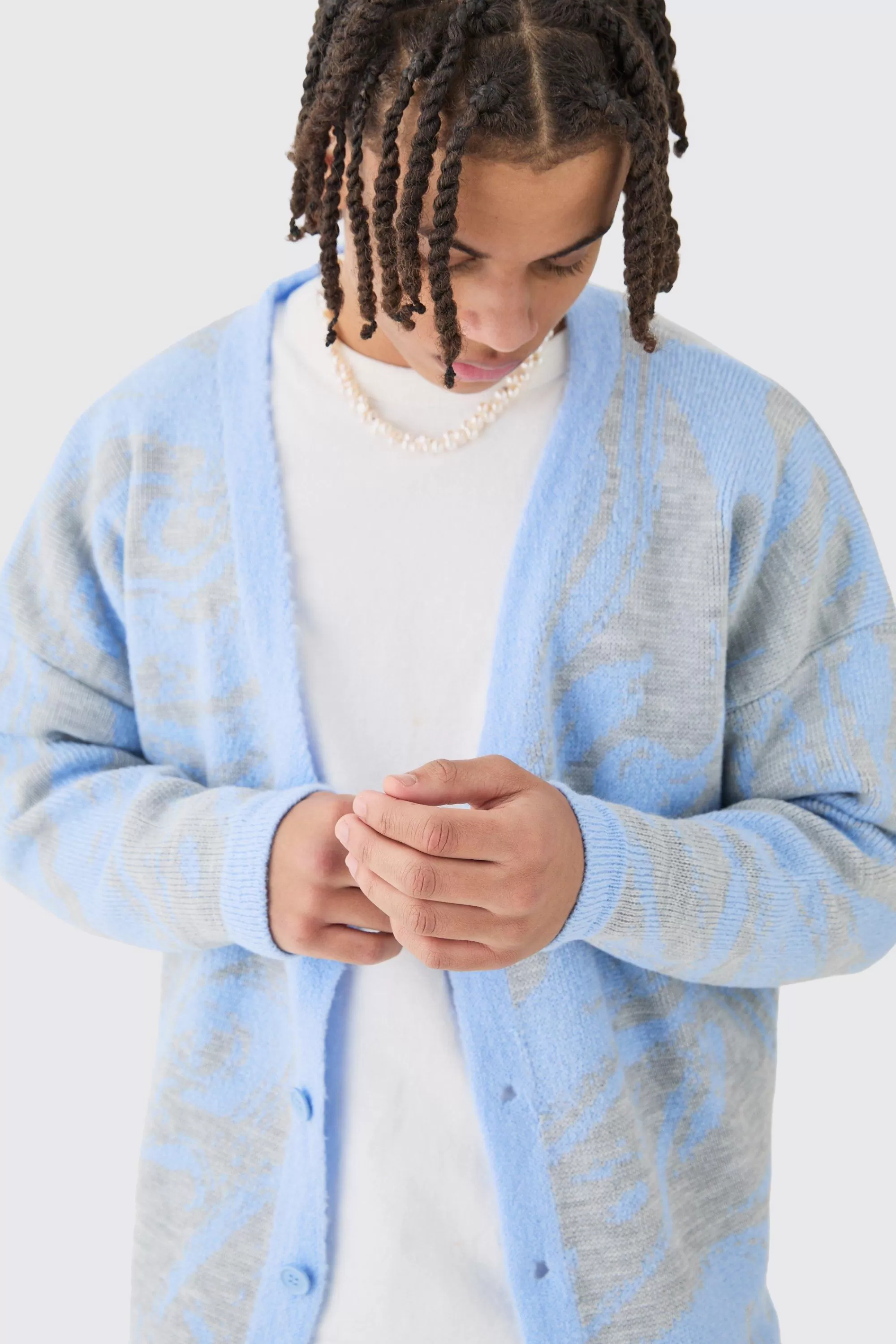 boohooMAN Boxy Oversized Brushed Abstract All Over Cardigan | UK