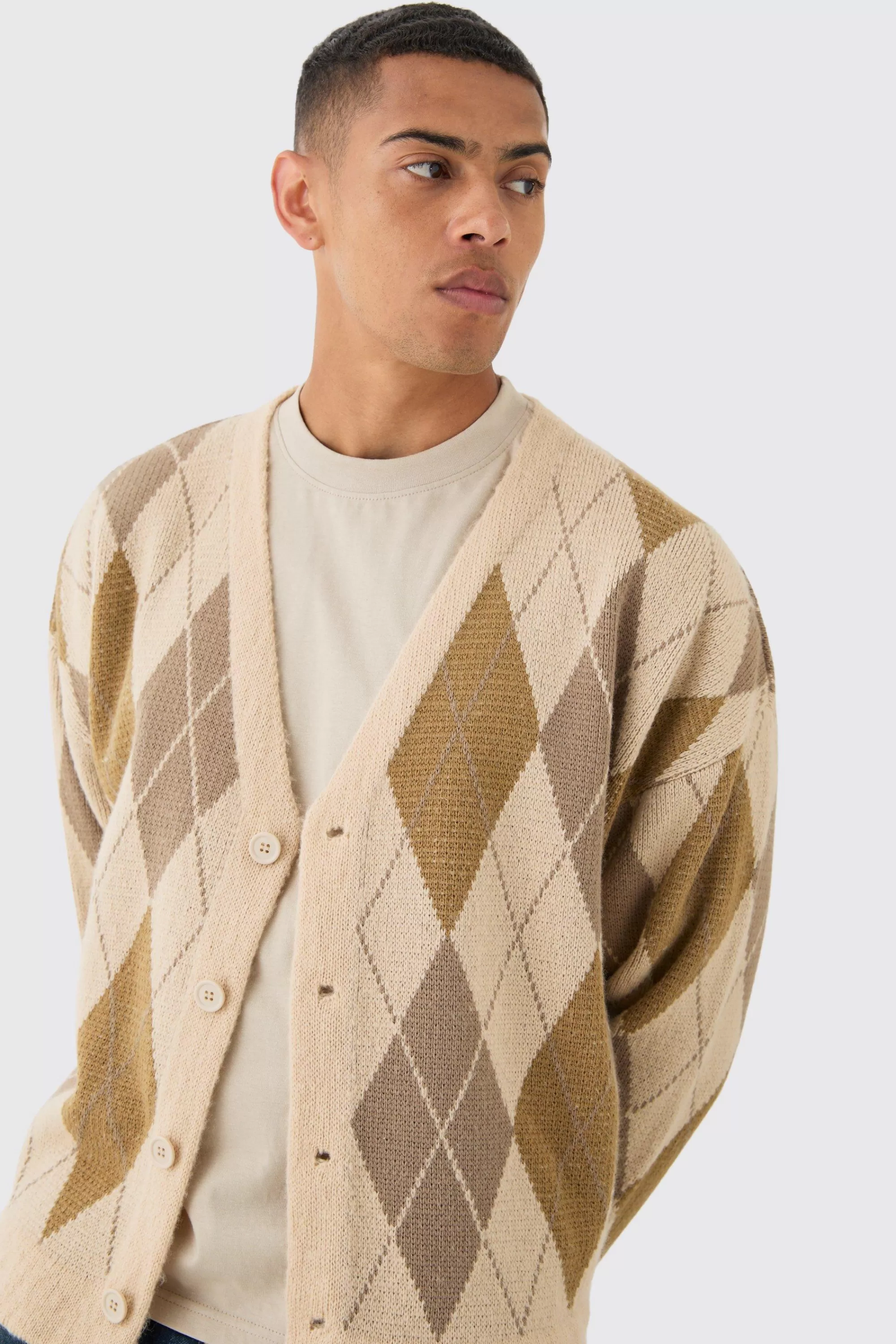 boohooMAN Boxy Oversized Brushed Check All Over Cardigan | UK