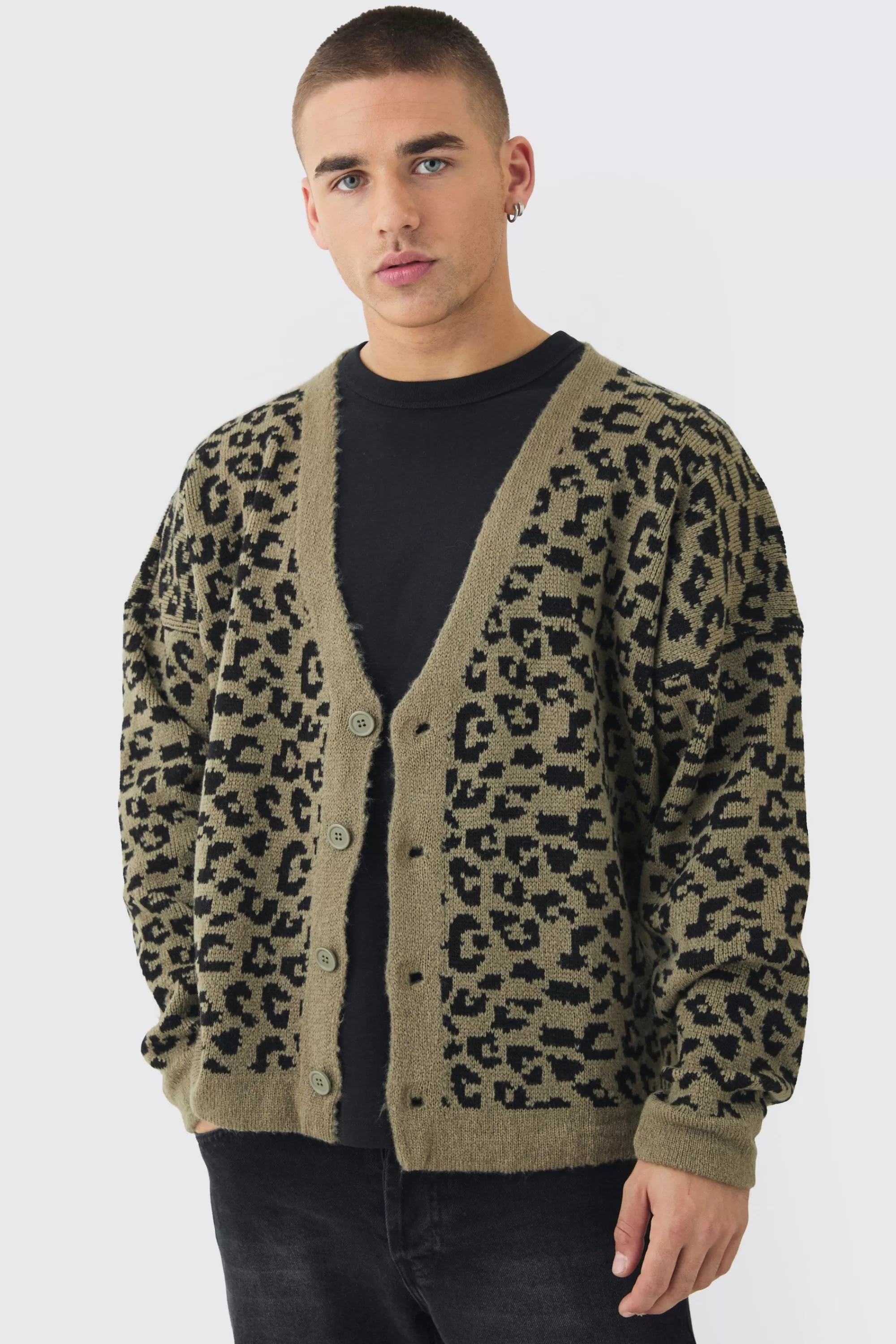 boohooMAN Boxy Oversized Brushed Leopard All Over Cardigan | UK