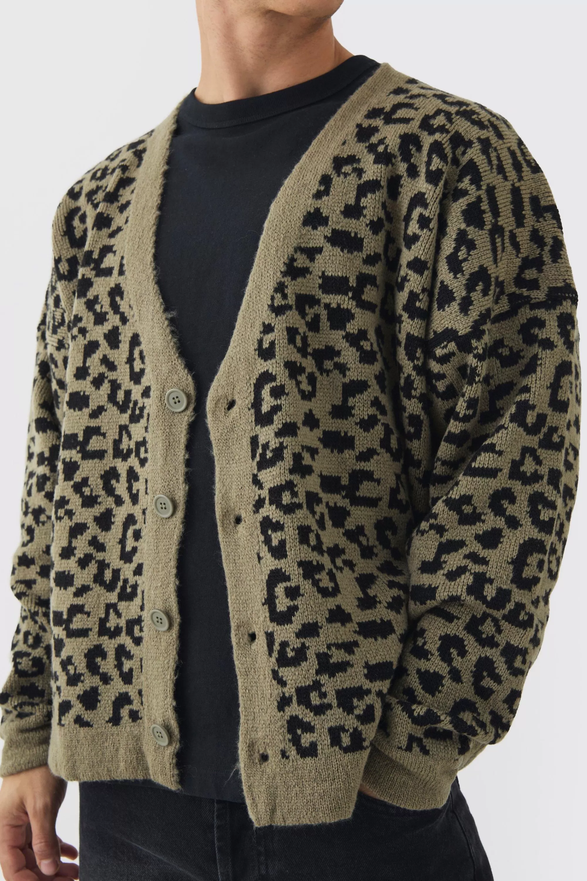 boohooMAN Boxy Oversized Brushed Leopard All Over Cardigan | UK