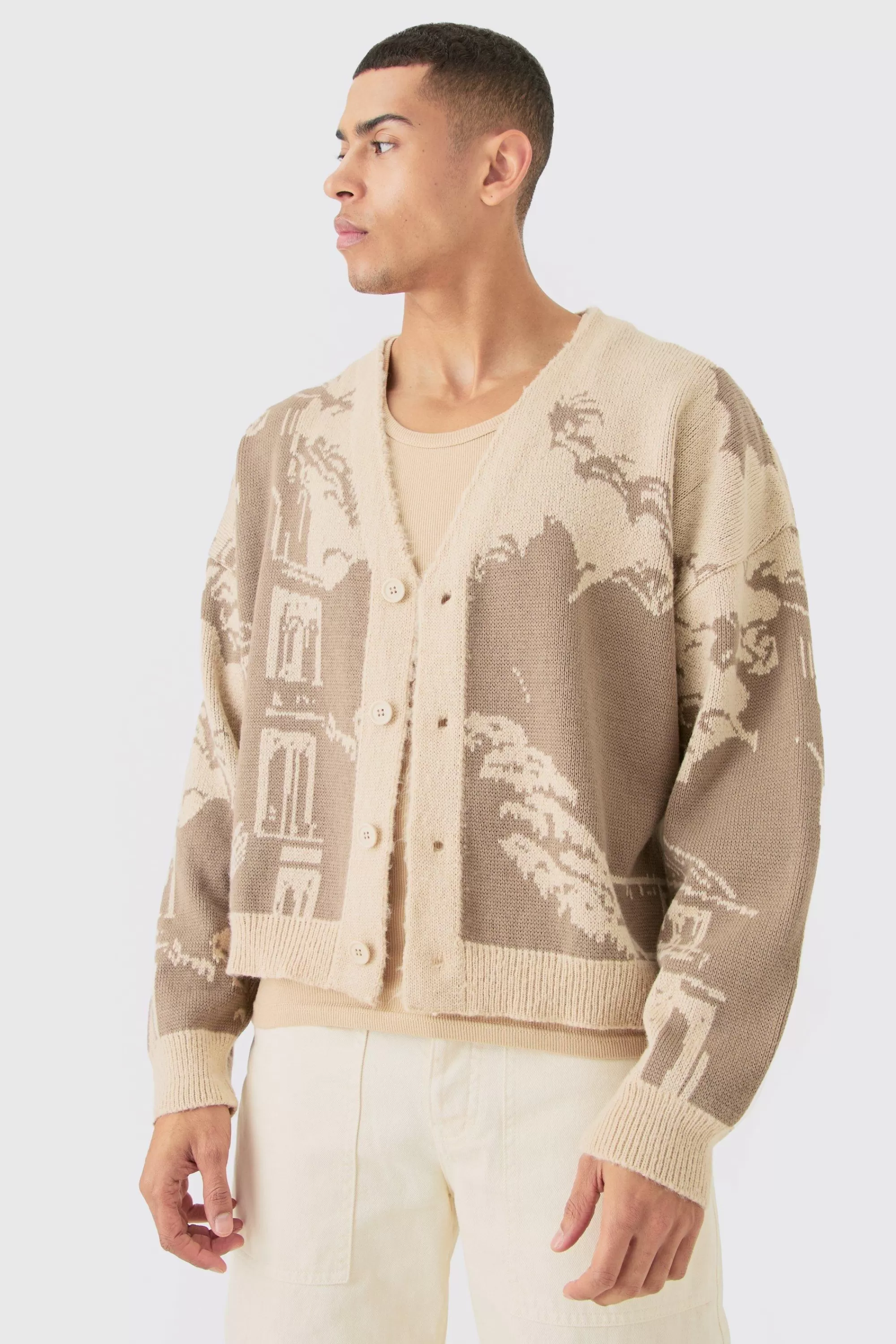 boohooMAN Boxy Oversized Brushed Tonal Scenic Cardigan | UK