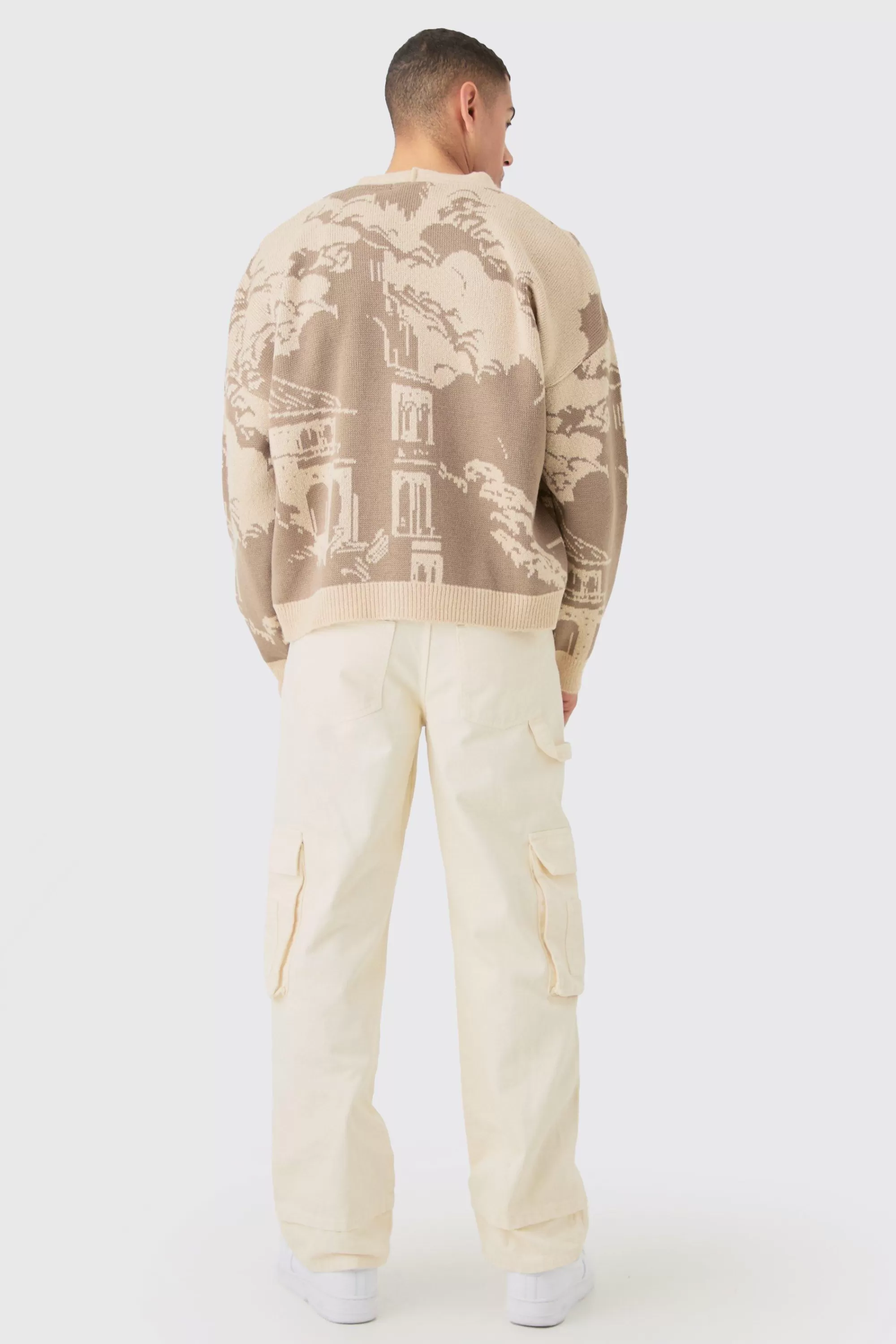 boohooMAN Boxy Oversized Brushed Tonal Scenic Cardigan | UK