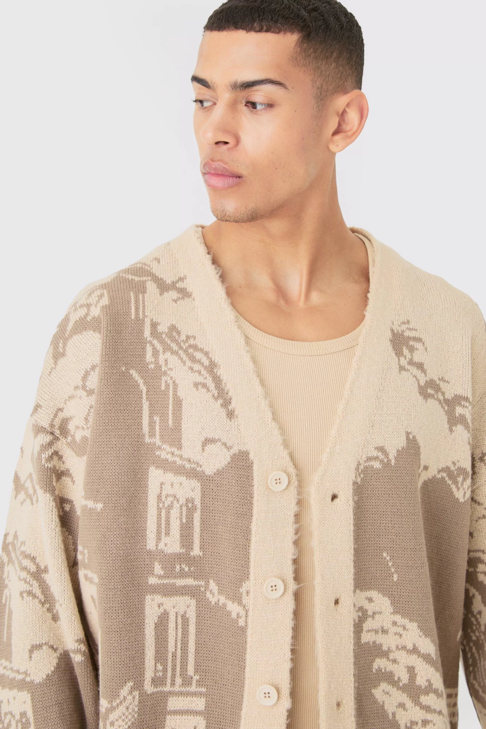 boohooMAN Boxy Oversized Brushed Tonal Scenic Cardigan | UK