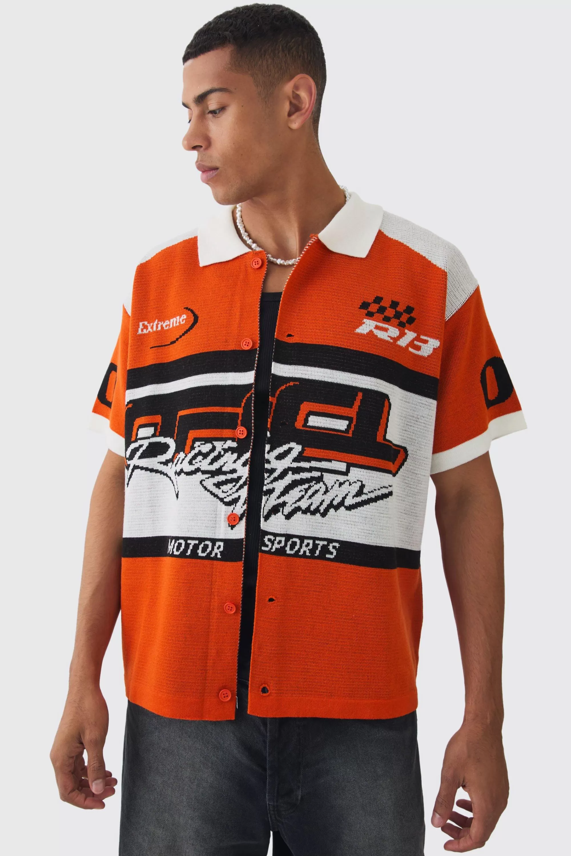 boohooMAN Boxy Oversized Moto Knitted Shirt | UK