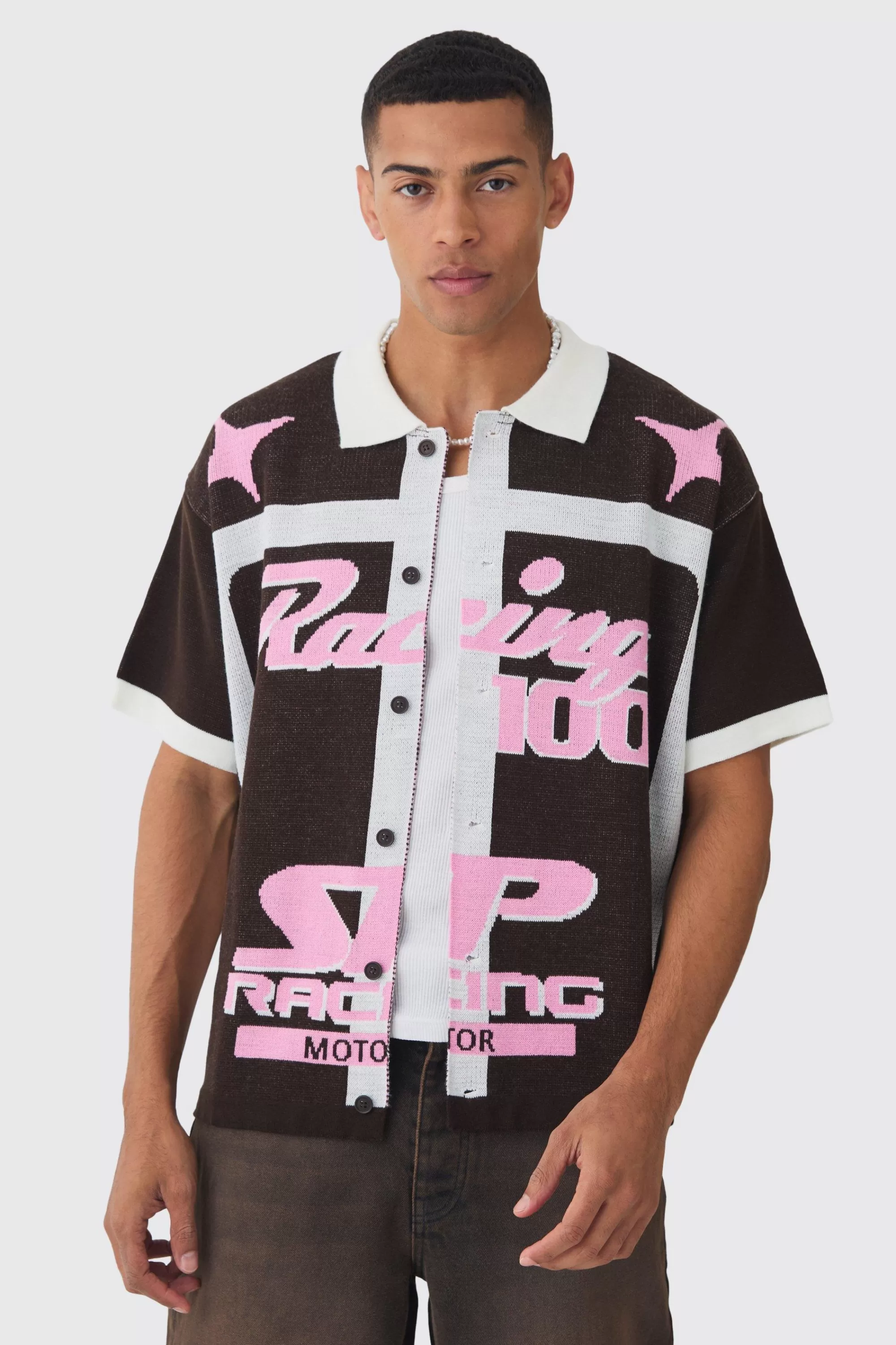 boohooMAN Boxy Oversized Moto Racing Knitted Shirt | UK