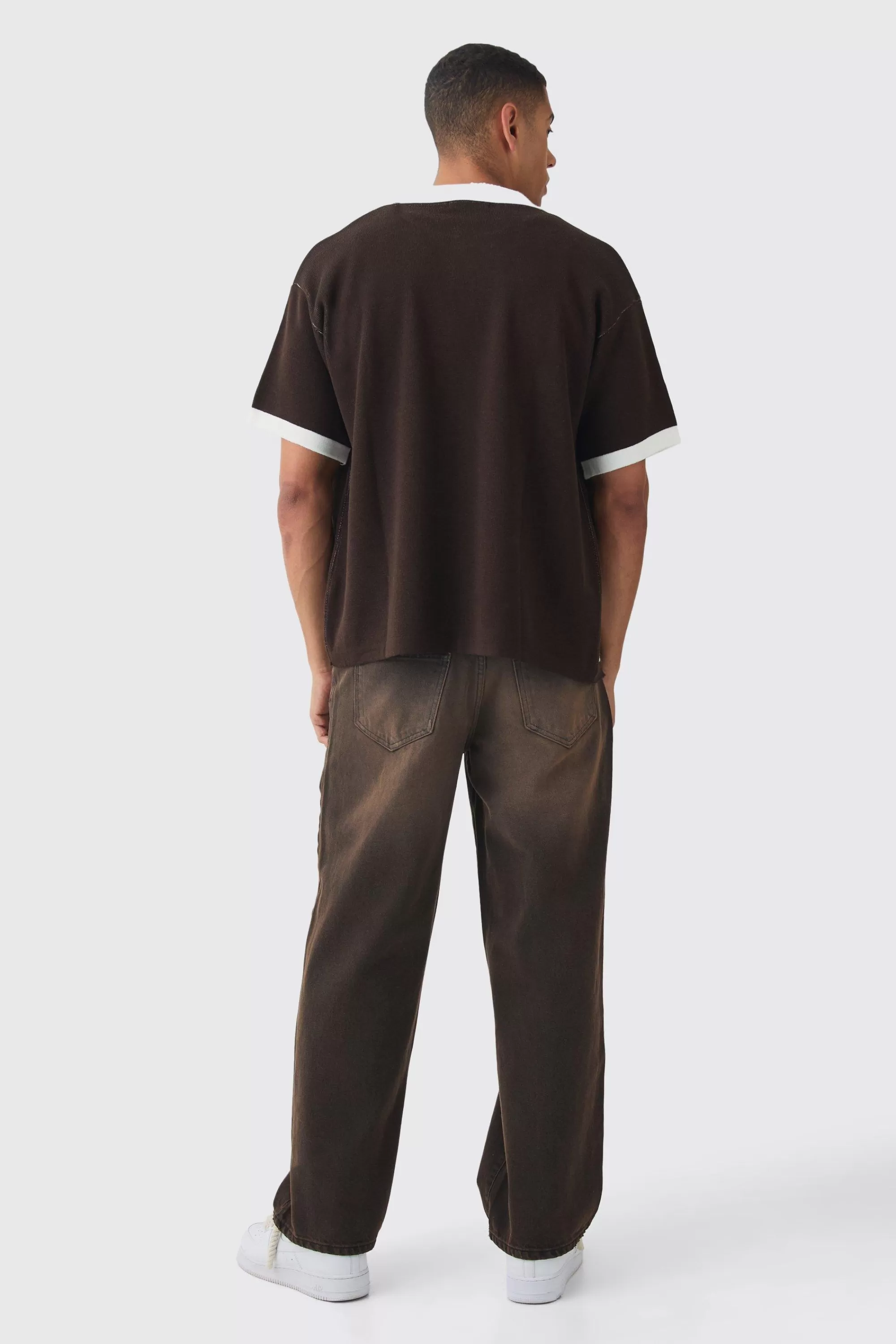 boohooMAN Boxy Oversized Moto Racing Knitted Shirt | UK