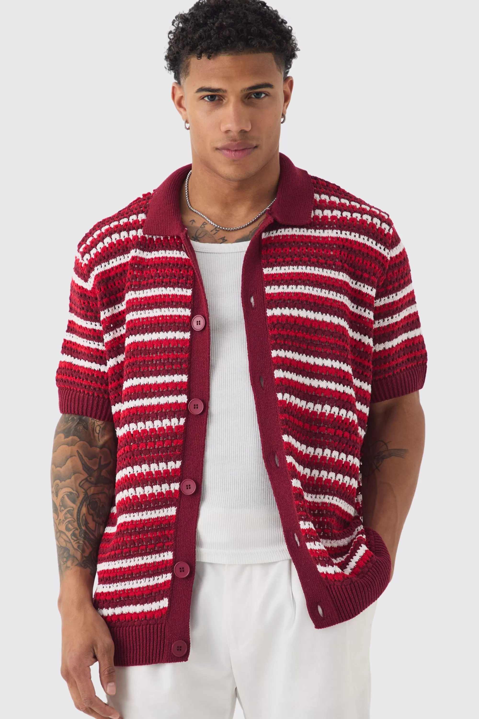 boohooMAN Boxy Oversized Open Stitch Stripe Knit Polo | UK