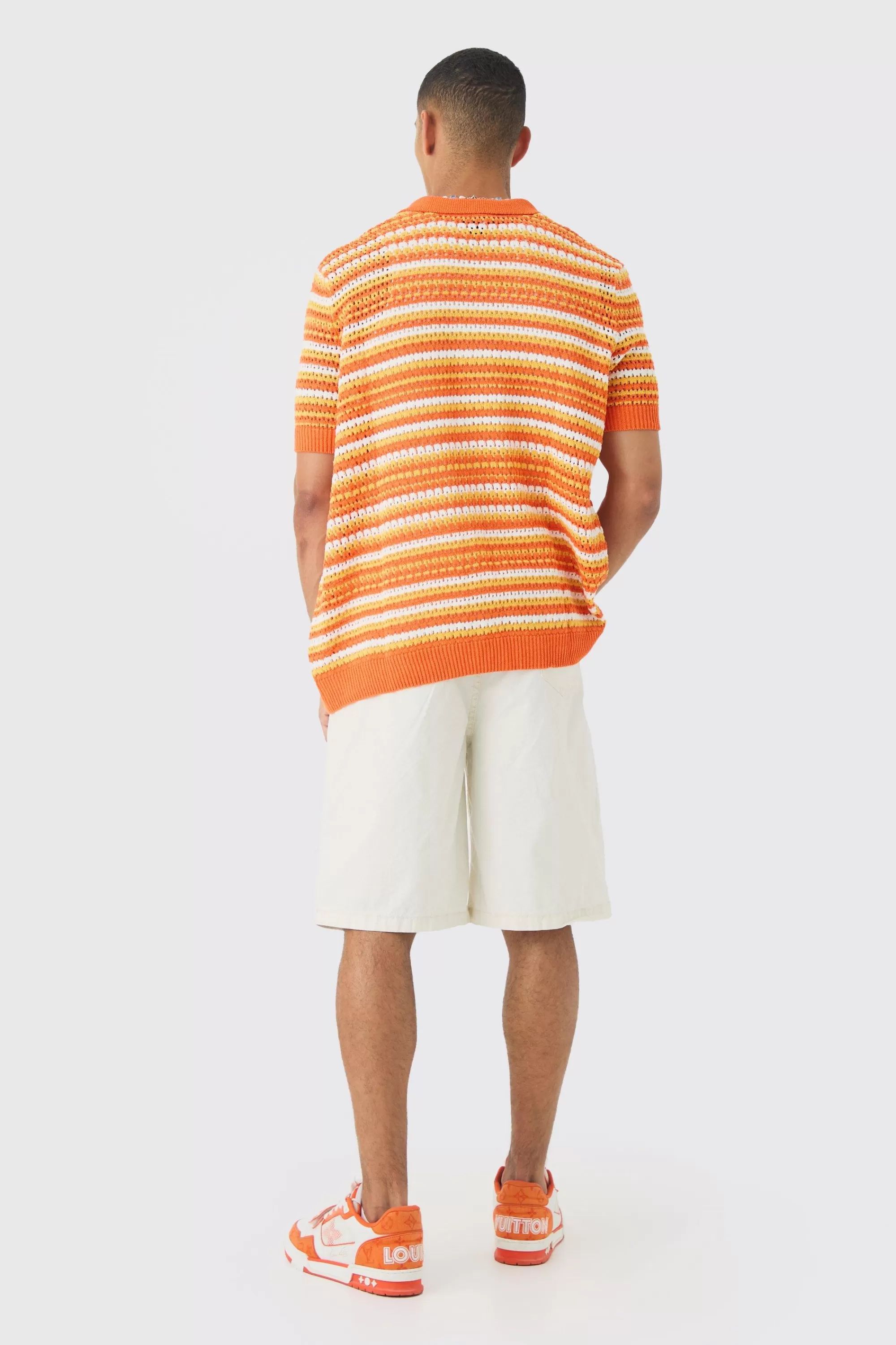 boohooMAN Boxy Oversized Open Stitch Stripe Knit Polo | UK