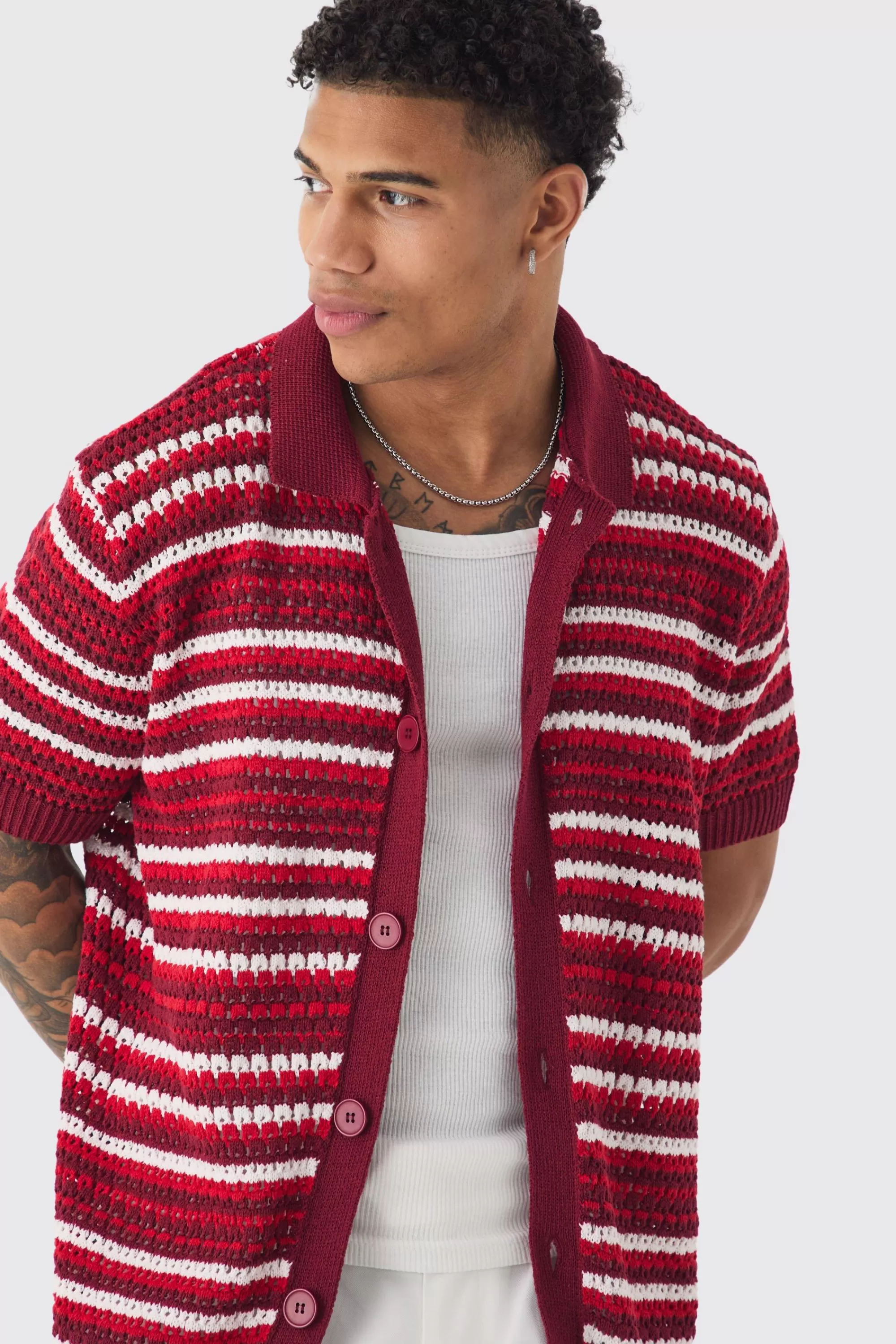 boohooMAN Boxy Oversized Open Stitch Stripe Knit Polo | UK