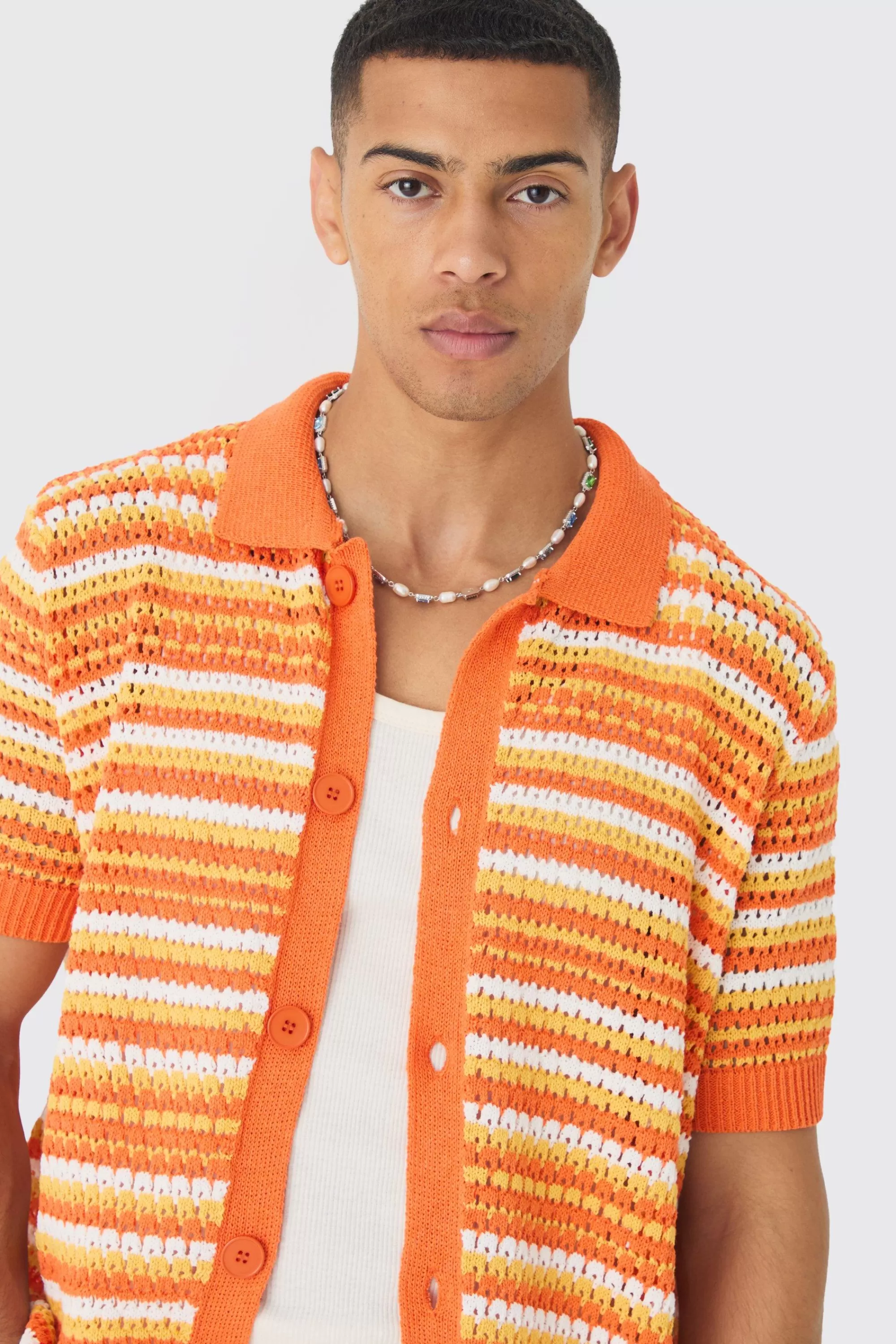 boohooMAN Boxy Oversized Open Stitch Stripe Knit Polo | UK